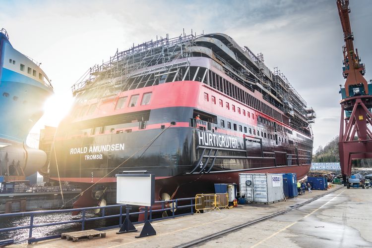 A first look at MS Roald Amundsen, the world’s first hybrid electric-powered cruise ship, in Kleven Shipyard.