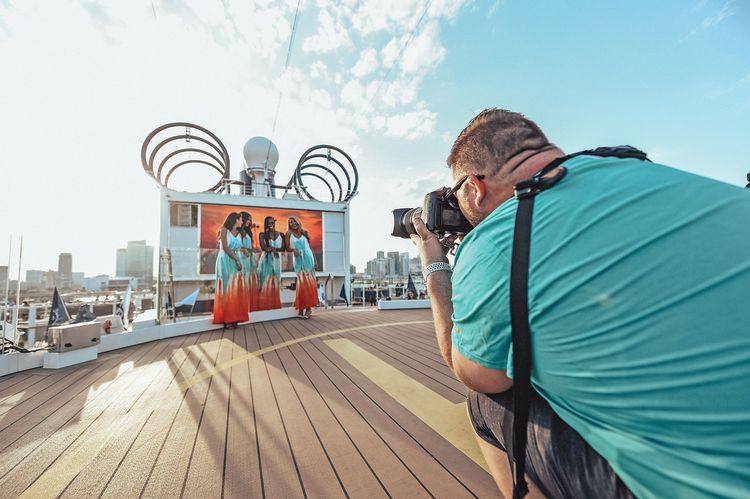 A photo shoot with Miami Dolphins cheerleaders onboard the MSC Seaside. MSC Cruises is the official cruise line of the football team.