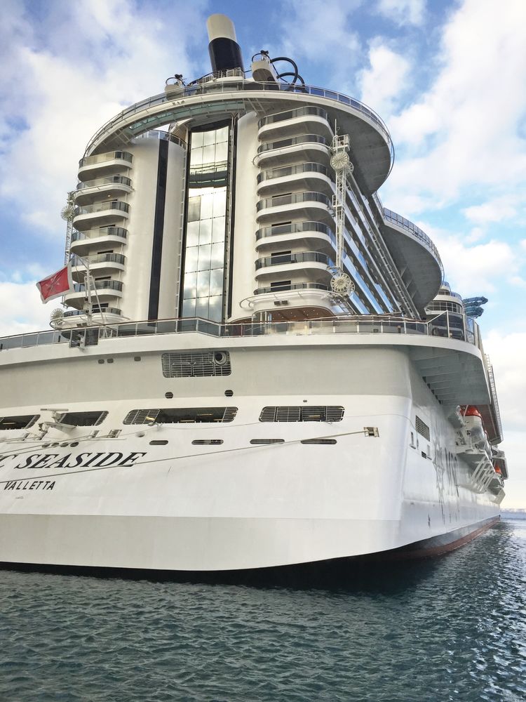 The MSC Seaside, which sails weekly from Miami, features a pool deck and towers at the rear that are evocative of South Beach. (TW Photo by Tom Steighorst)