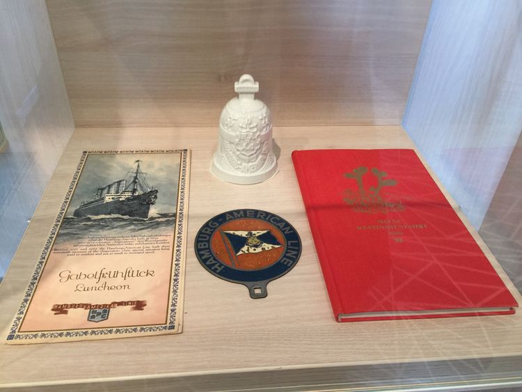 Hapag-Lloyd historical items on display in the sales center onboard the Europa 2. (TW Photo by Tom Stieghorst)