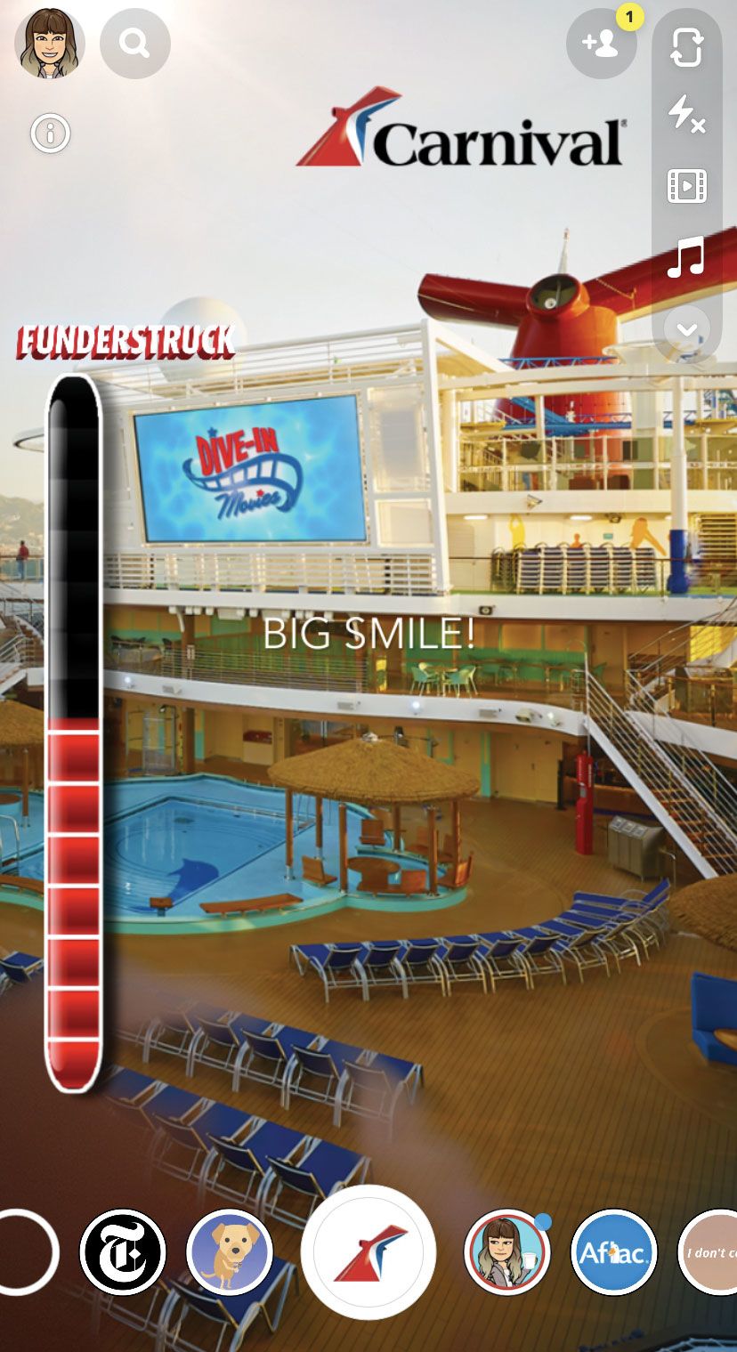 Carnival Cruise Line’s Snapchat filter in mid-March places the viewer on the deck of its ship and urges a big smile to get a higher reading on the “Funderstruck” meter. (Courtesy of Carnival Cruise Line)
