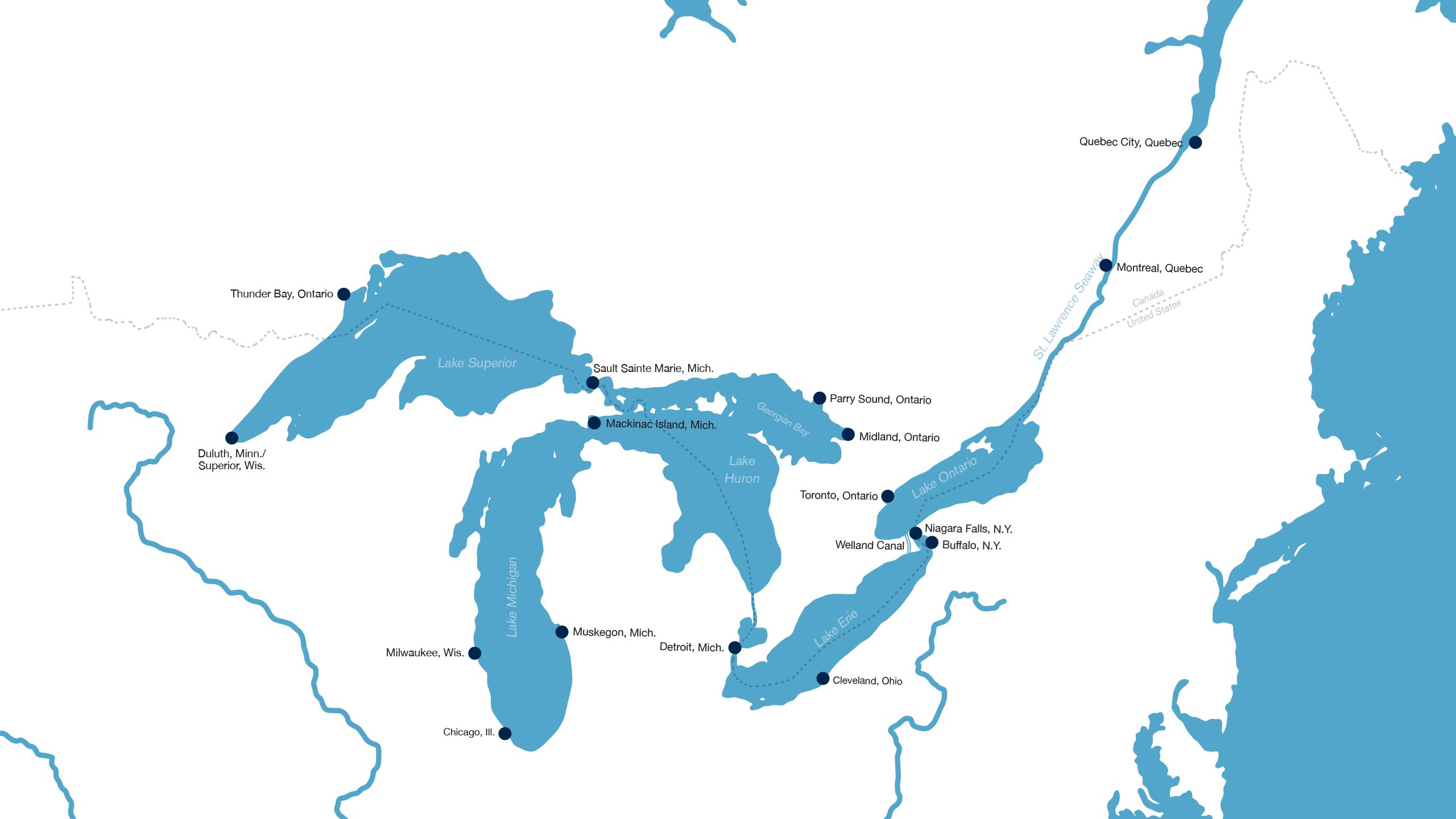 The St. Lawrence Seaway, completed in 1959, connected the Atlantic Ocean to the Great Lakes, enabling oceangoing ships to reach major cities like Chicago, Detroit and Cleveland. Along the way, the Welland Canal enables ships to bypass the Niagara Falls, yet limits their width to 78 feet.