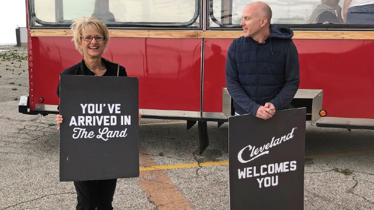 Greeters at the Port of Cleveland welcome passengers on a Great Lakes cruise. TW photo by Thomas Stieghorst