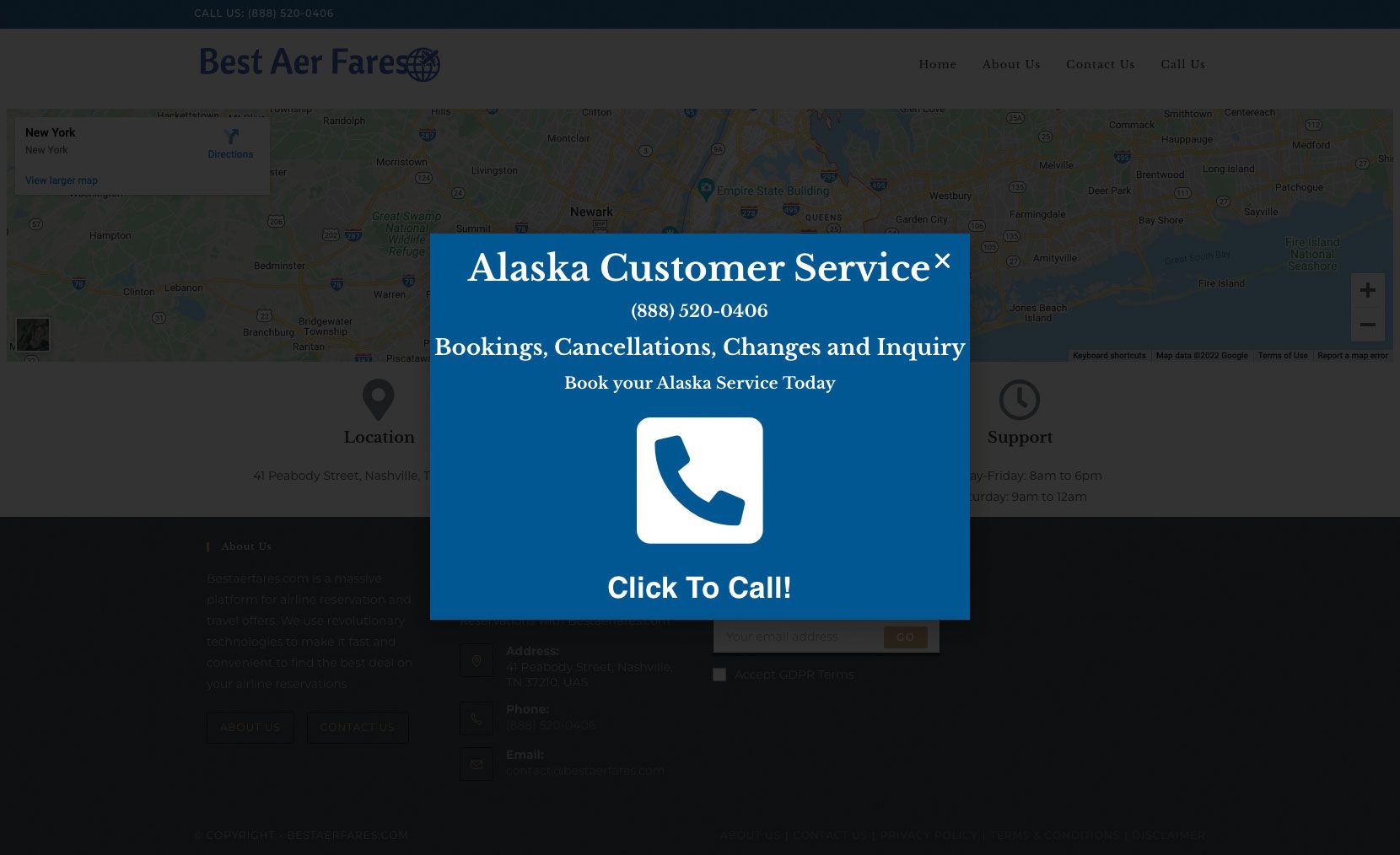 A screenshot from the website Bestaerfares.com, which gives visitors the impression that it is associated with Alaska Airlines. An agent at the company’s phone number told Travel Weekly that he had reached Alaska Airlines.