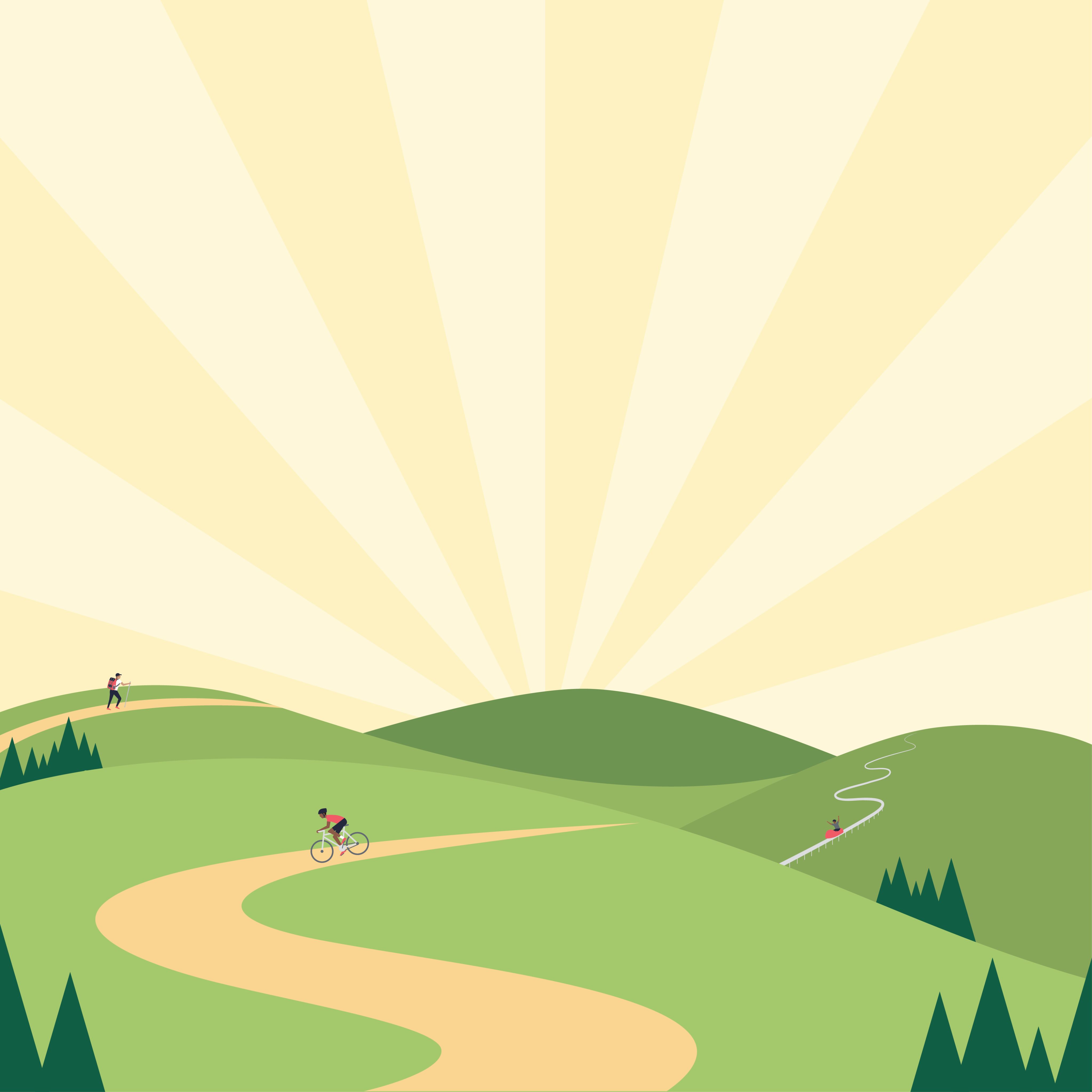 Illustration of a summer mountain landscape with people hiking, biking, and on a mountain coaster