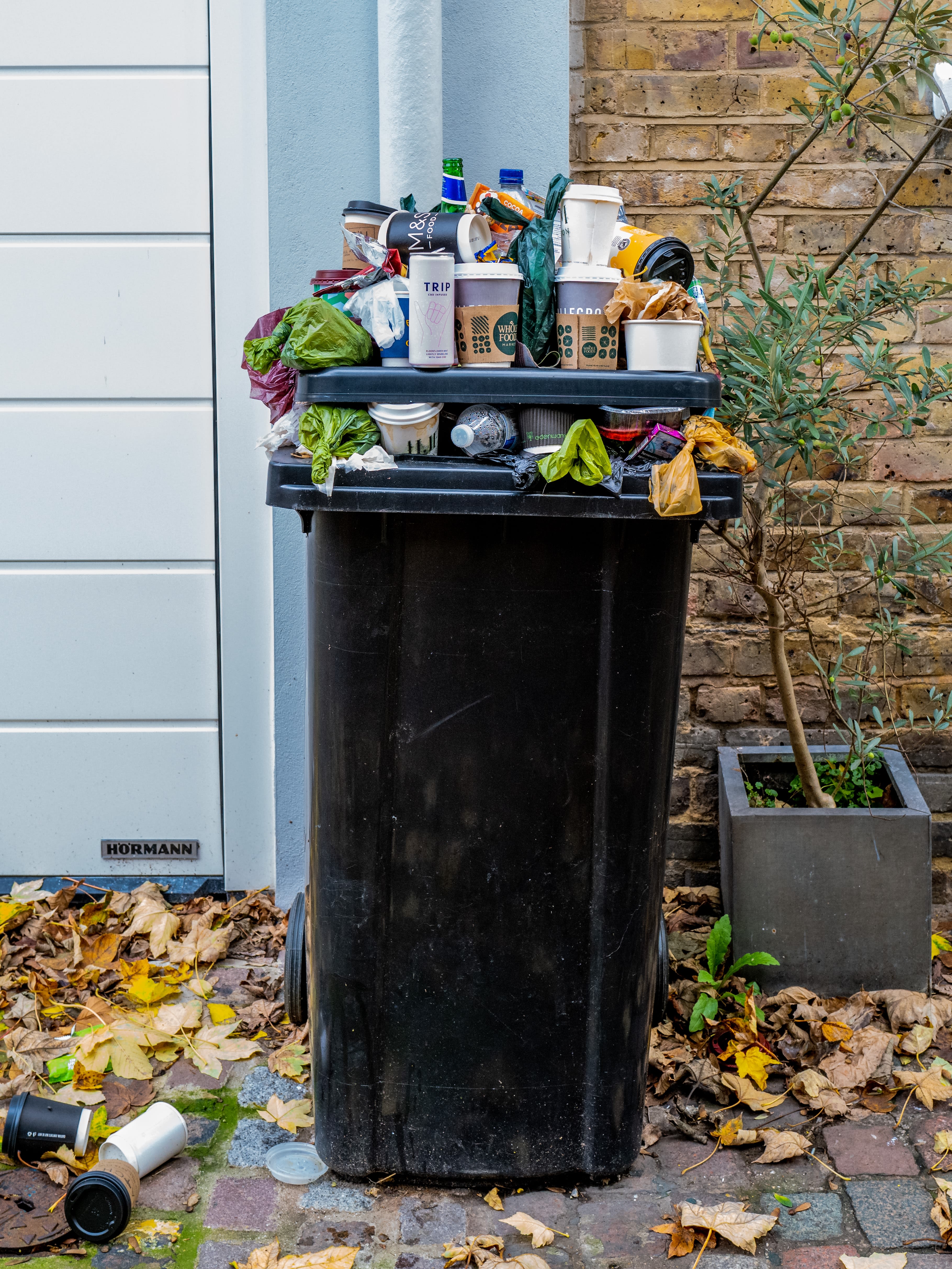 black trash bin with green leaves