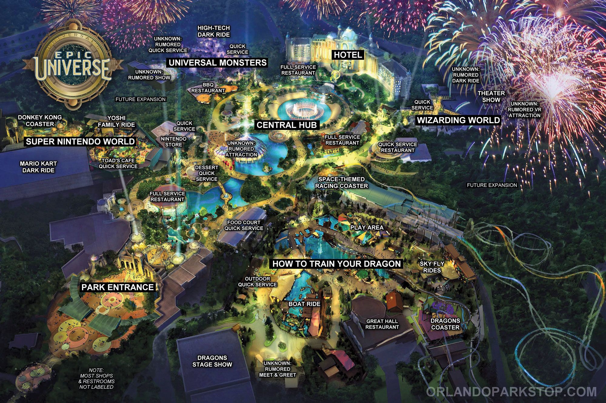 The Orlando ParkStop website produced a possible layout of Epic Universe’s attractions, based on information it has gleaned from various sources. (Courtesy of Orlando ParkStop)