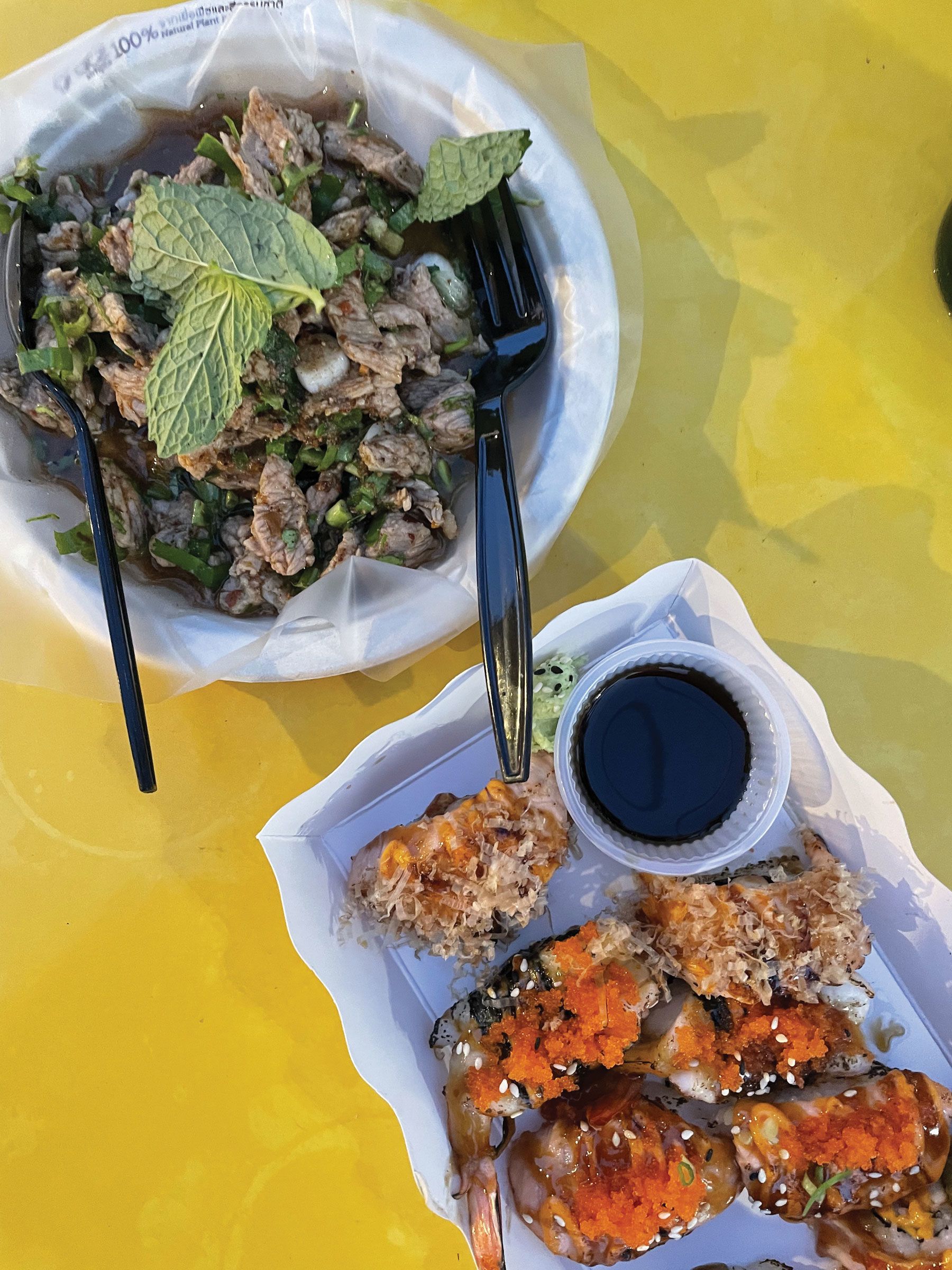 The night markets of Thailand are the best places to create the perfect smorgasbord. Beef with mint and chili, noodles, and even sushi can be found among the stalls. (Photo by Meagan Drillinger)