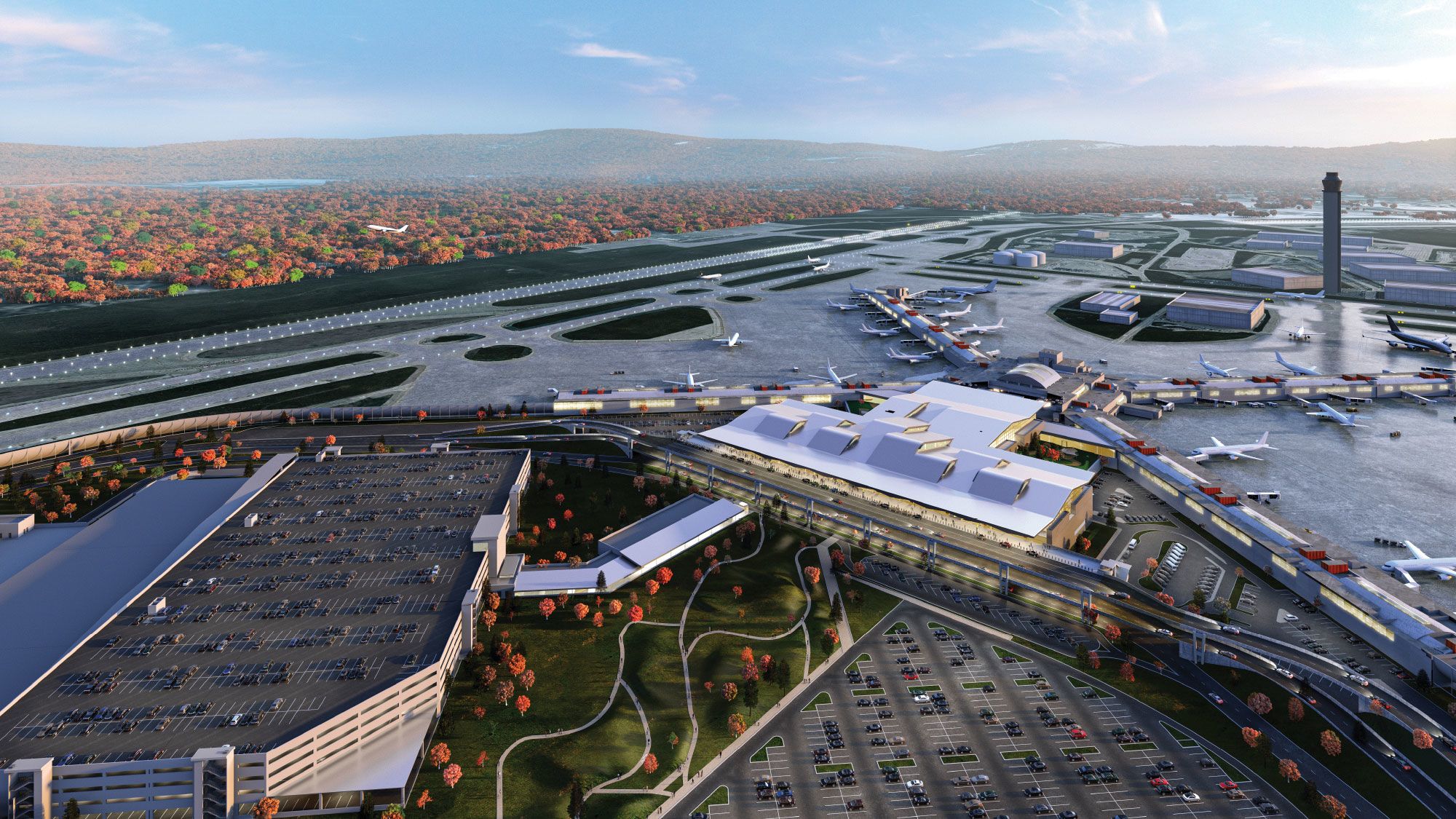 Pittsburgh Airport’s $1.4 billion terminal will be a “pavilion in the middle of a forest,” according to one of its lead architects. (Rendering courtesy of Allegheny County Airport Authority)