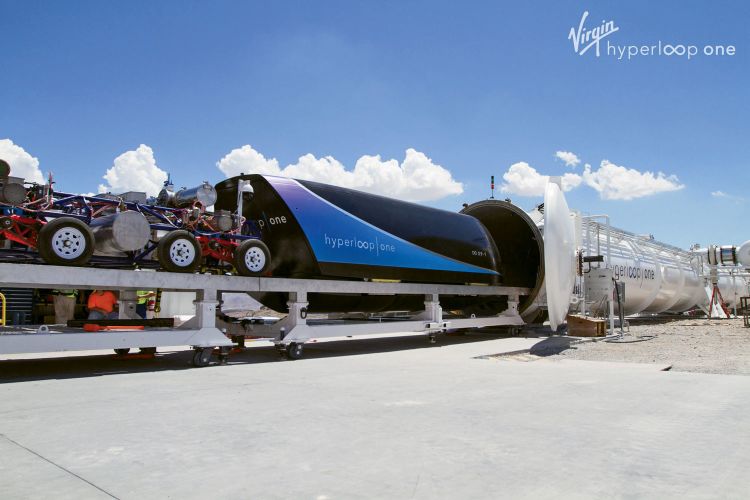 Virgin Hyperloop One loads a pod into its test tunnel in the desert northeast of Las Vegas. The company was the first to open such a test track. (Courtesy of Virgin Hyperloop One)