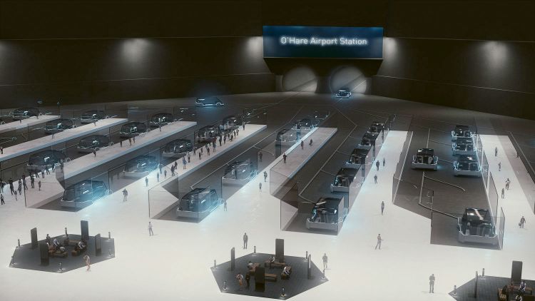 A rendering of the proposed Chicago O’Hare Loop station from which Elon Musk’s Boring Company plans to ferry passengers to downtown in 12 minutes. (Courtesy of The Boring Company)