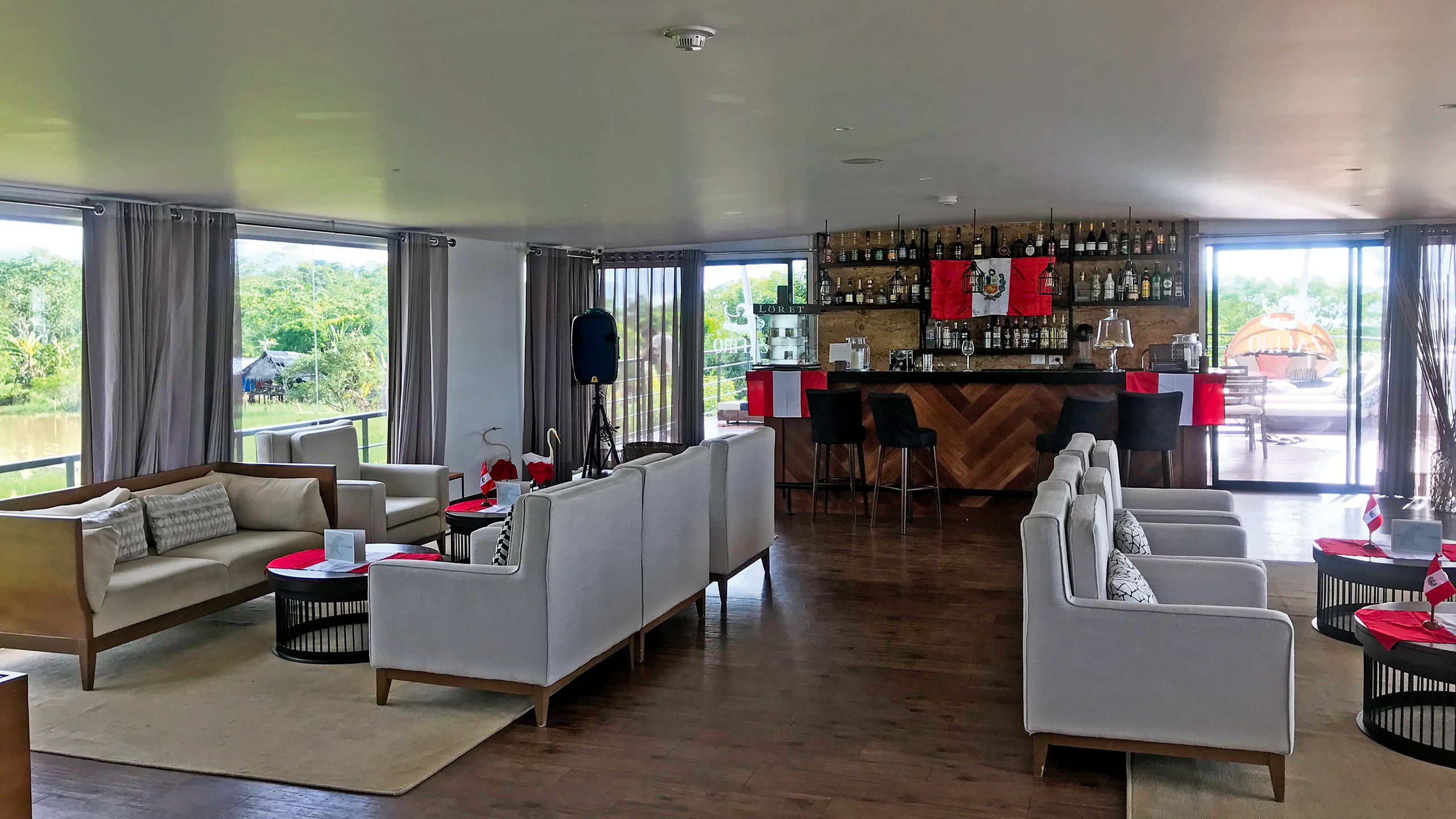 The bar and lounge onboard the ship, which offered all the amenities of a five-star hotel during a recent four-day sailing in the Peruvian Amazon.