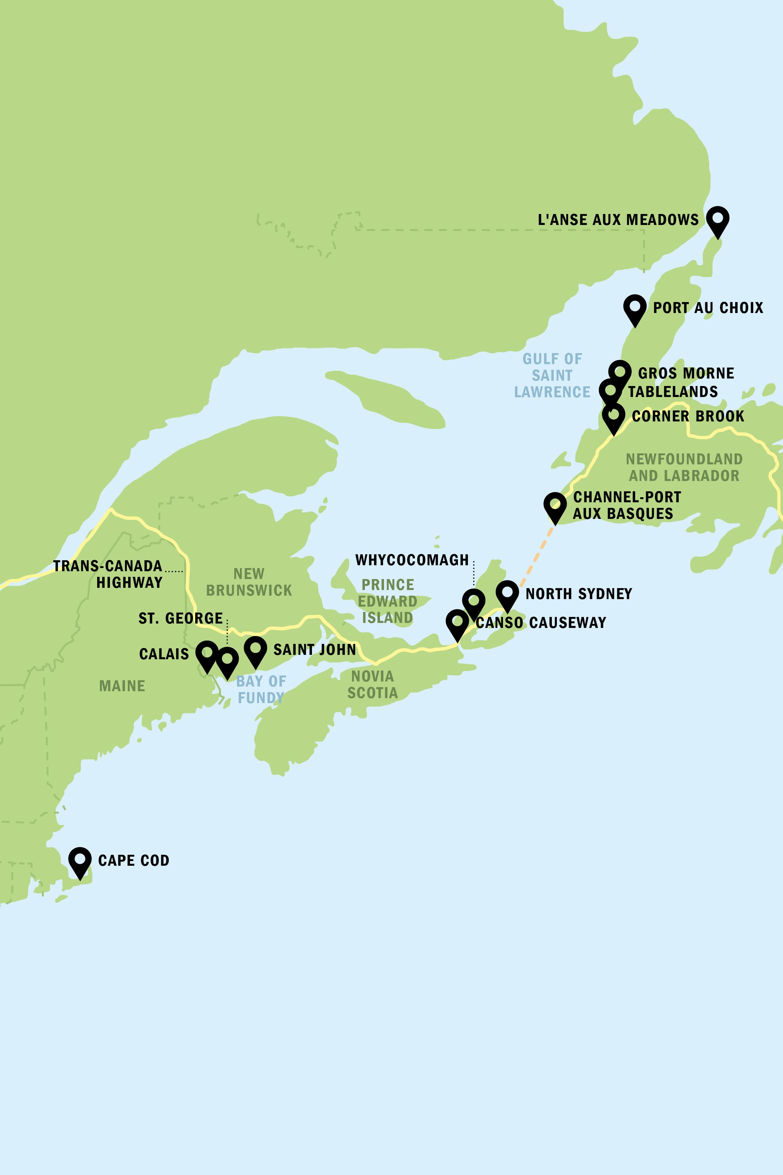 Map of journey between Cape Cod and L’Anse aux Meadows