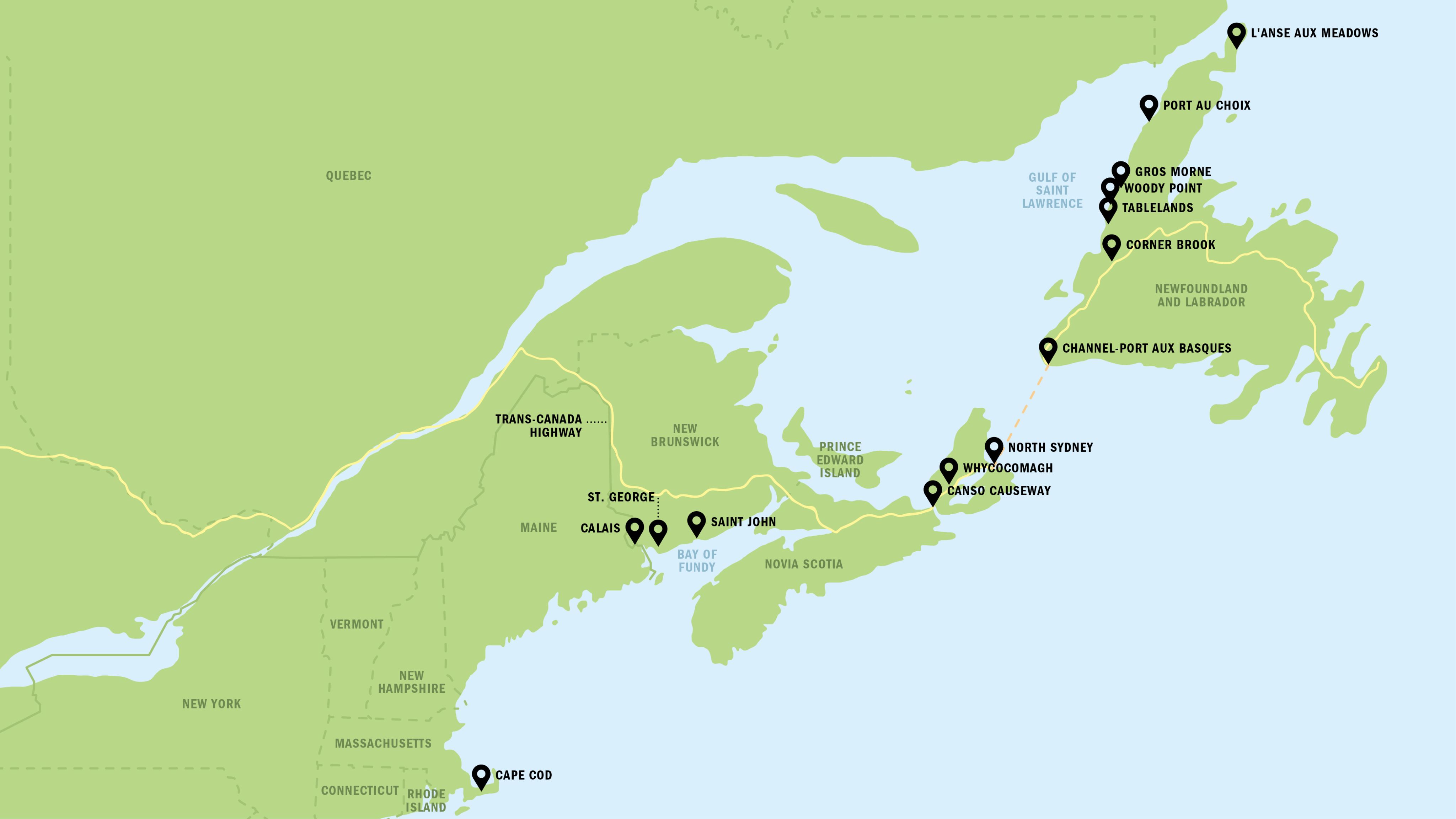 Map of journey between Cape Cod and L’Anse aux Meadows