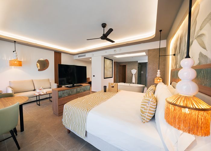 A luxurious bedroom with a large bed adorned with pillows and a blanket, a sofa with cushions, a table with a flower vase and other objects, lamps hanging from the ceiling, a television on a table, a mirror, a photo frame on the wall, a bathtub, a door, and a ceiling fan.