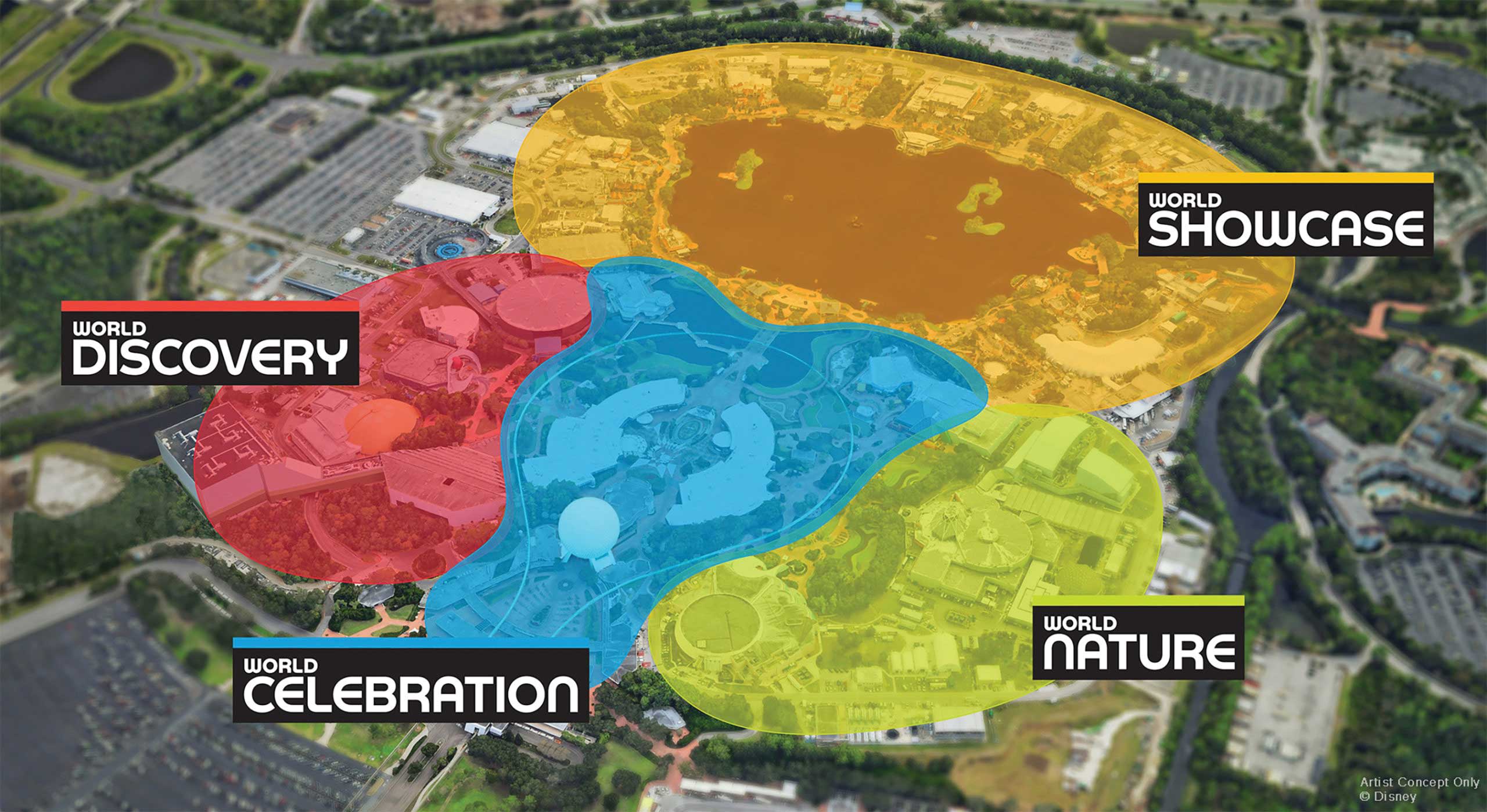 Epcot will be split into four distinct neighborhoods when work on its transformation is complete.