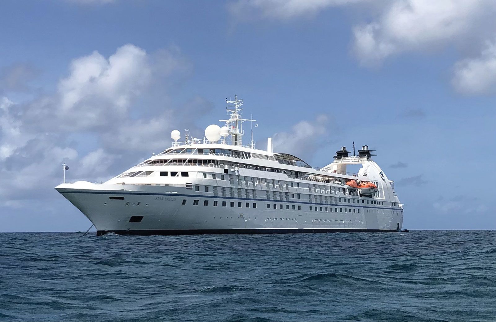The Windstar Cruises ship Star Breeze at anchor in Simpson Bay off St. Maarten on the ship’s first Caribbean cruise since the shutdown. (Photo by Tom Stieghorst)