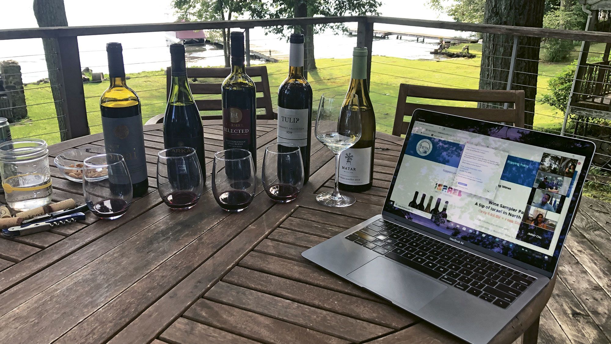 News editor Johanna Jainchill’s home setup for a virtual wine tasting with the Israel Wine Producers Association in conjunction with the Israel Ministry of Tourism. (TW photo by Johanna Jainchill)