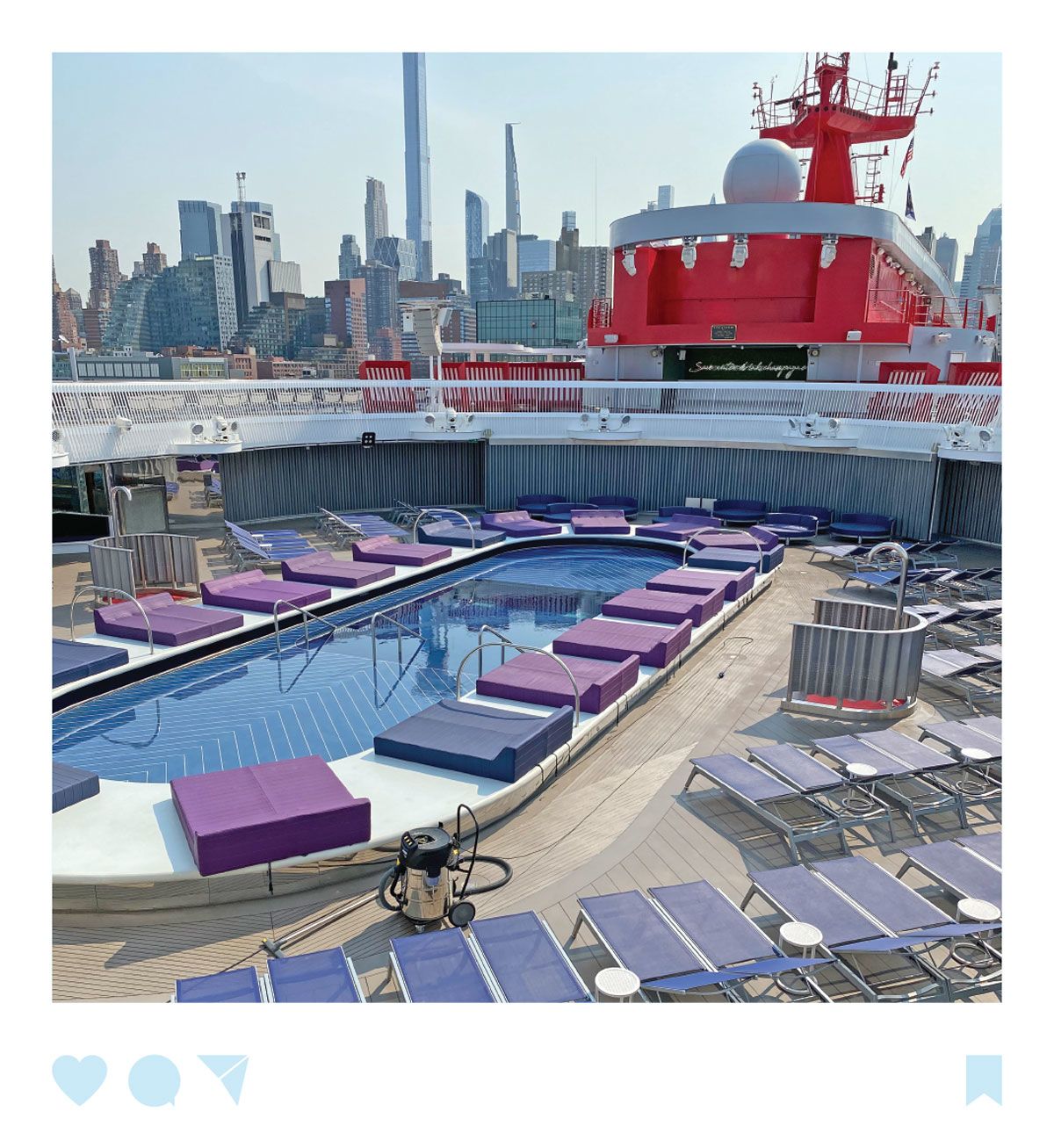 The pool deck on the Scarlet Lady, Virgin Voyages’ first ship. The line targeted the “young at heart.” (Courtesy of Virgin Voyages)