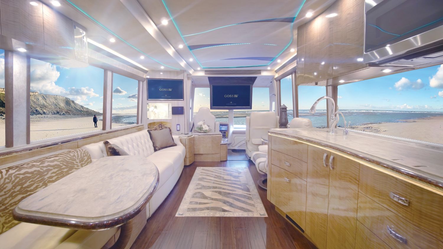 The interior of the Prevost Marathon, an “apartment on wheels” that sleeps six. (Courtesy of Goss RV)