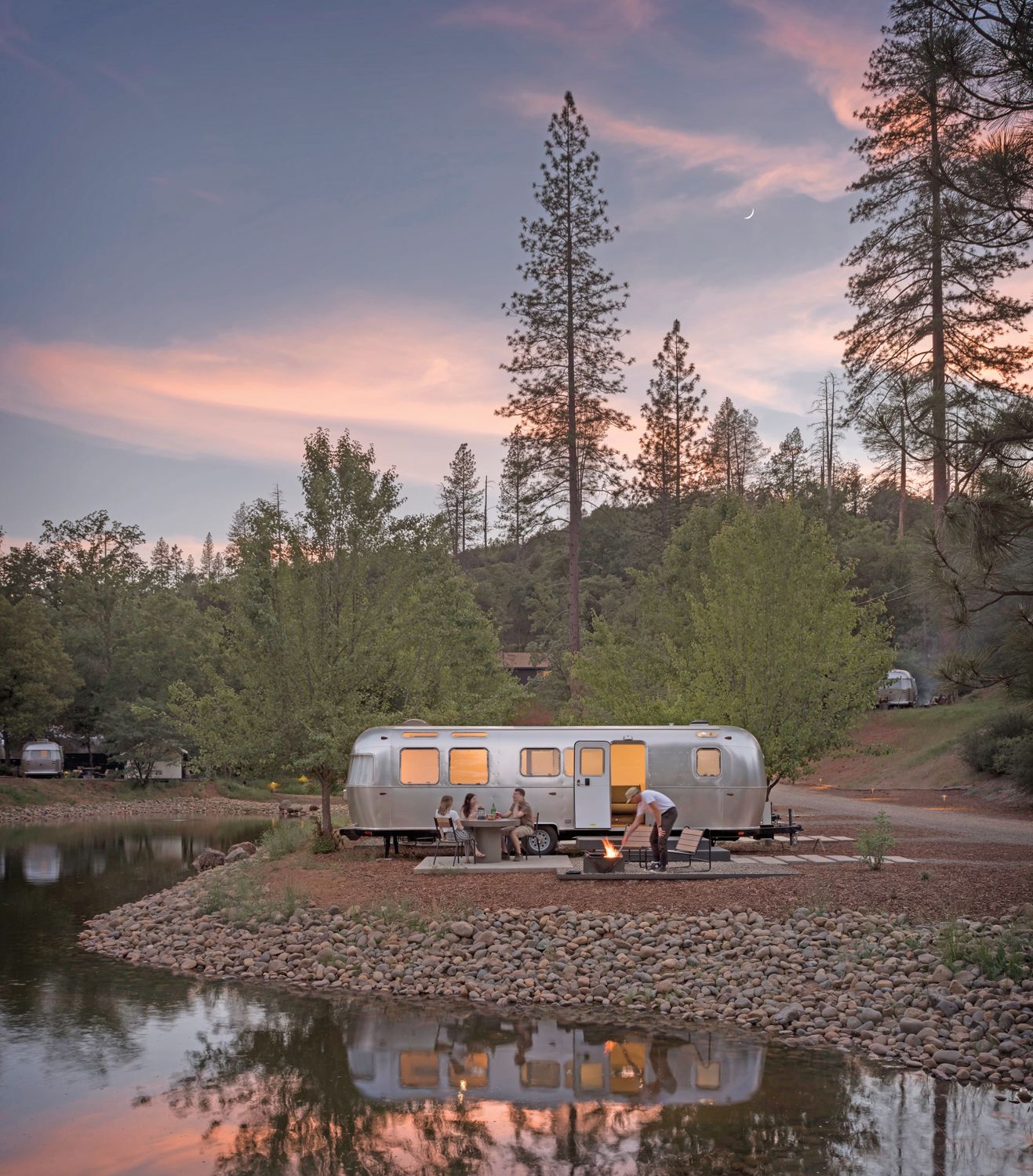 AutoCamp offers stationary Airstream trailer accommodations that come complete with dedicated fire pits.