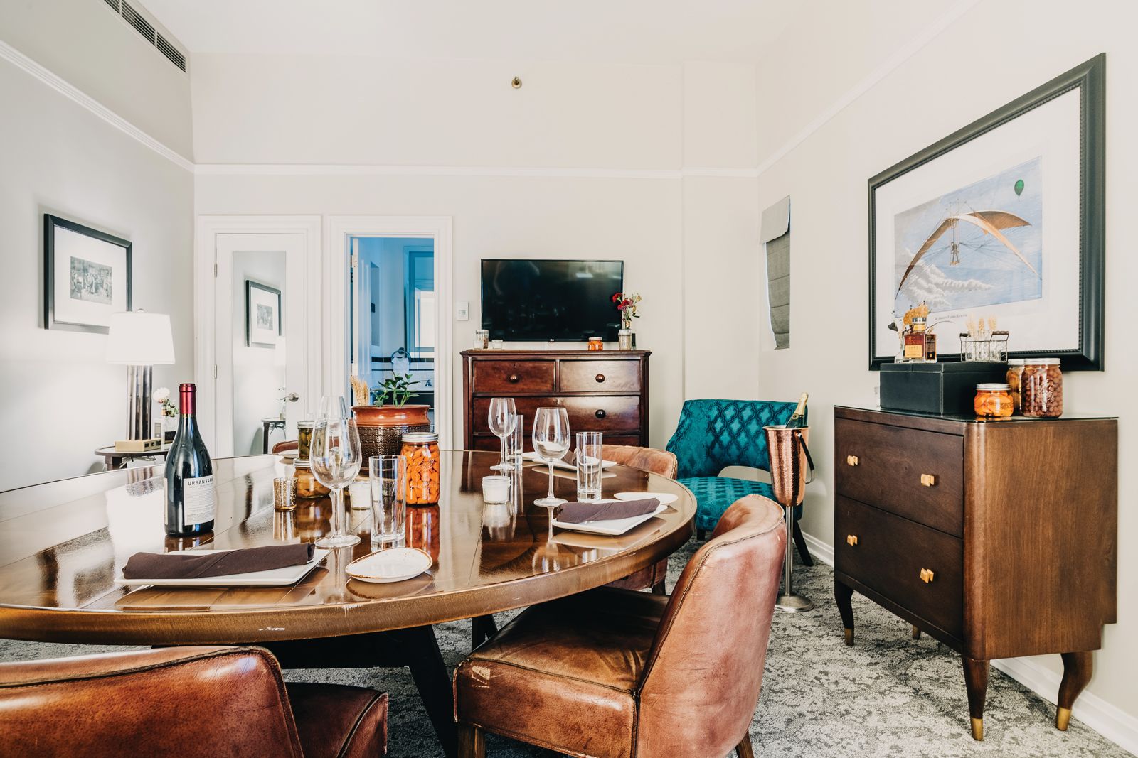 A guestroom at the Oxford Hotel in Denver that has been converted into a private dining room.