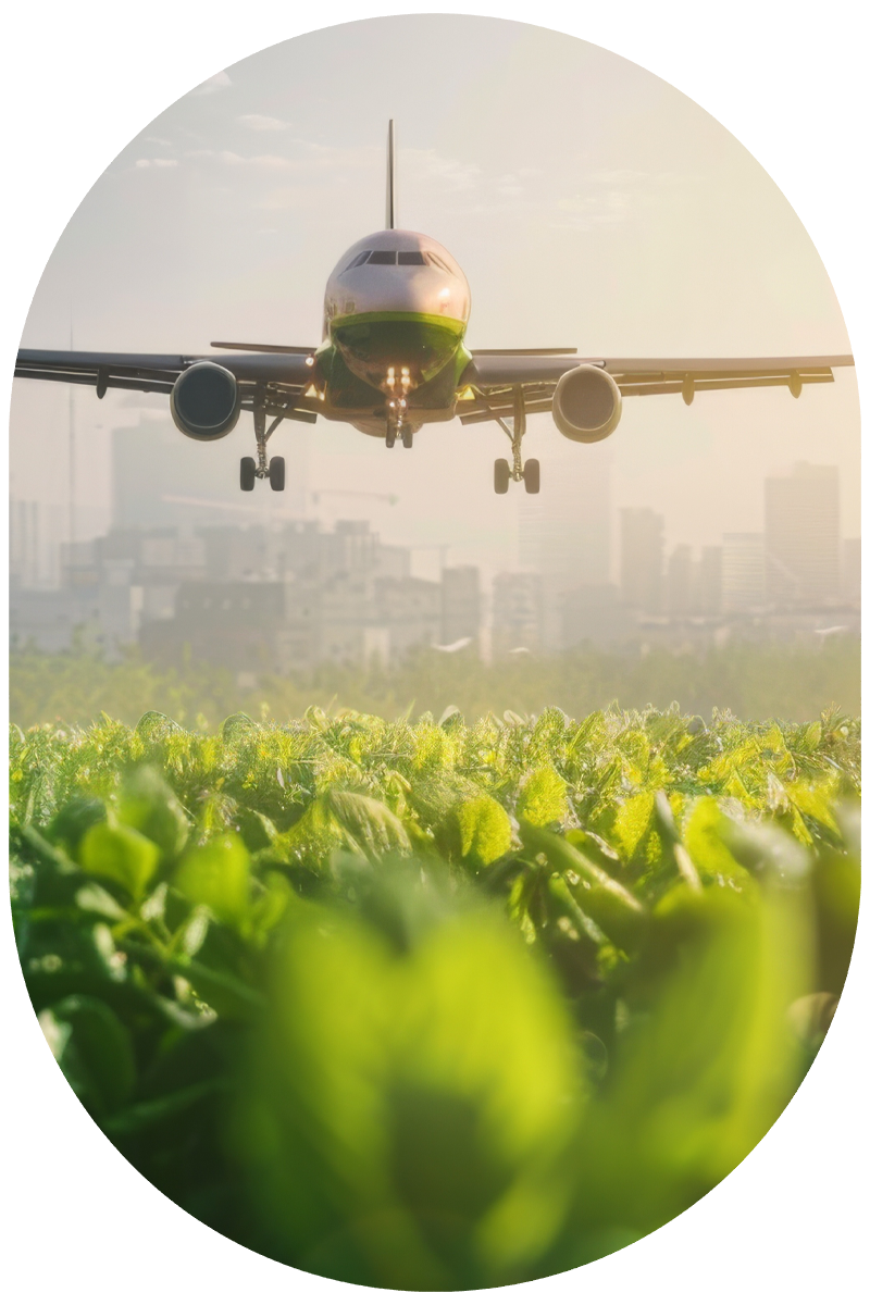 Airplane coming in to land over field