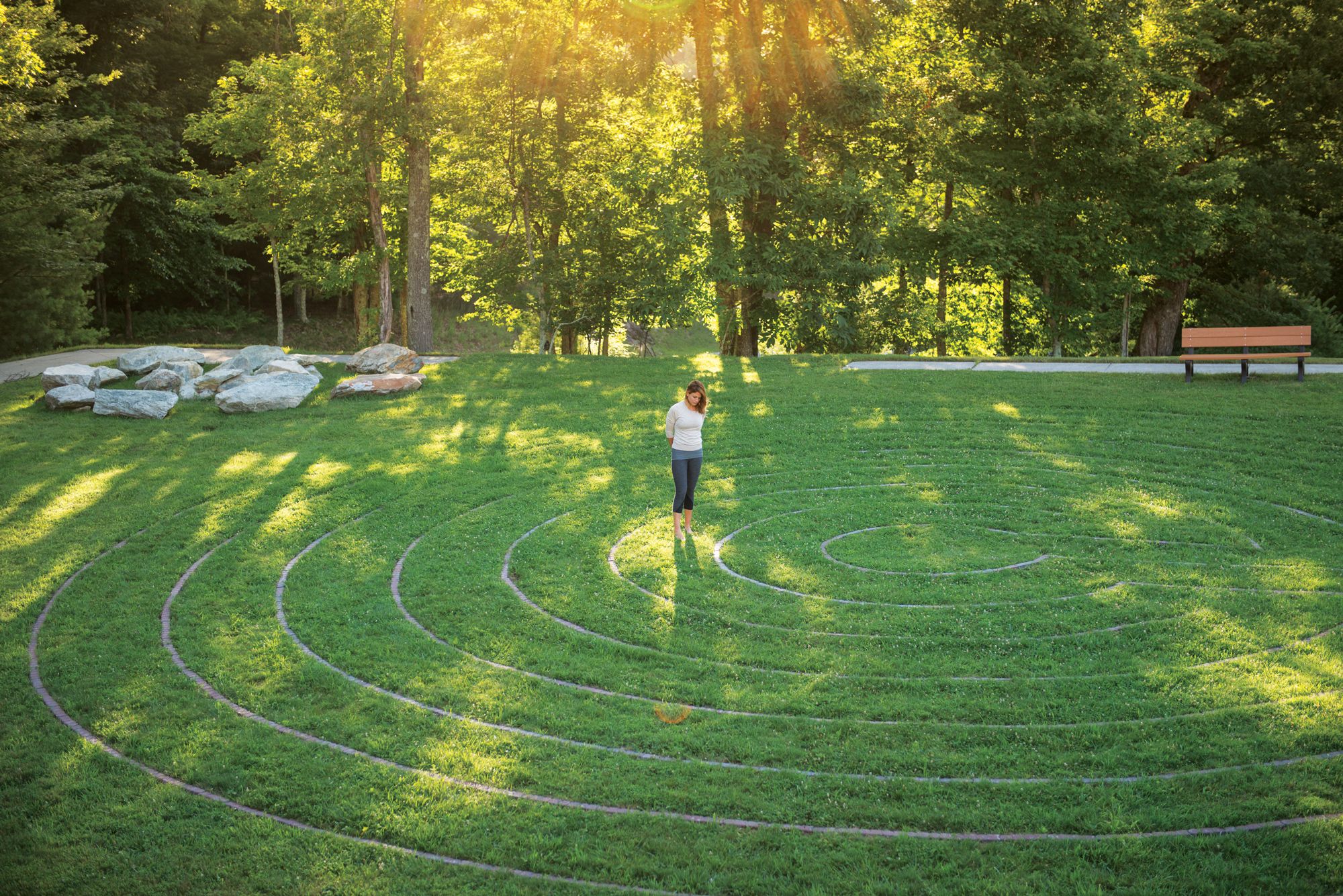 A guest at the Art of Living Retreat Center in Boone, N.C., engages in a meditative labyrinth walk. (Courtesy of the Art of Living Retreat Center)