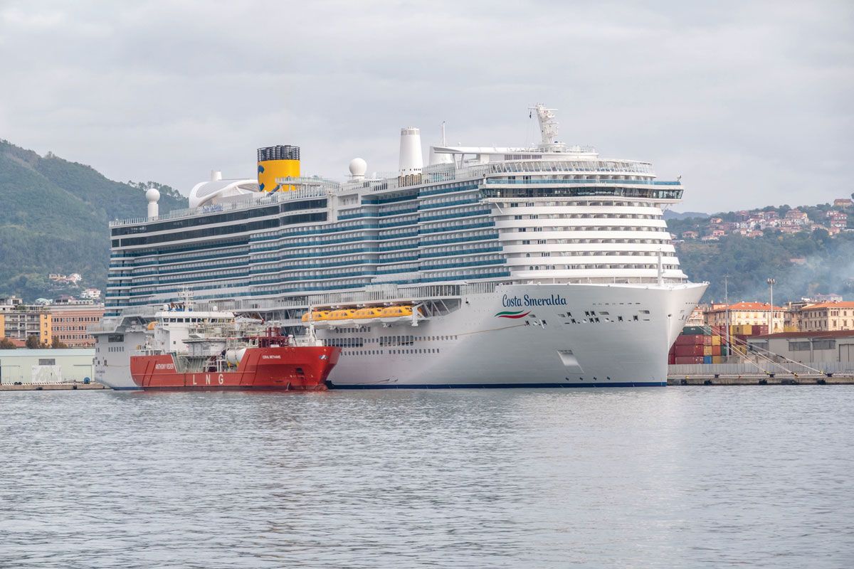 Costa Cruises’ Costa Smeralda, the line’s first ship powered by liquefied natural gas, takes on fuel in Italy.