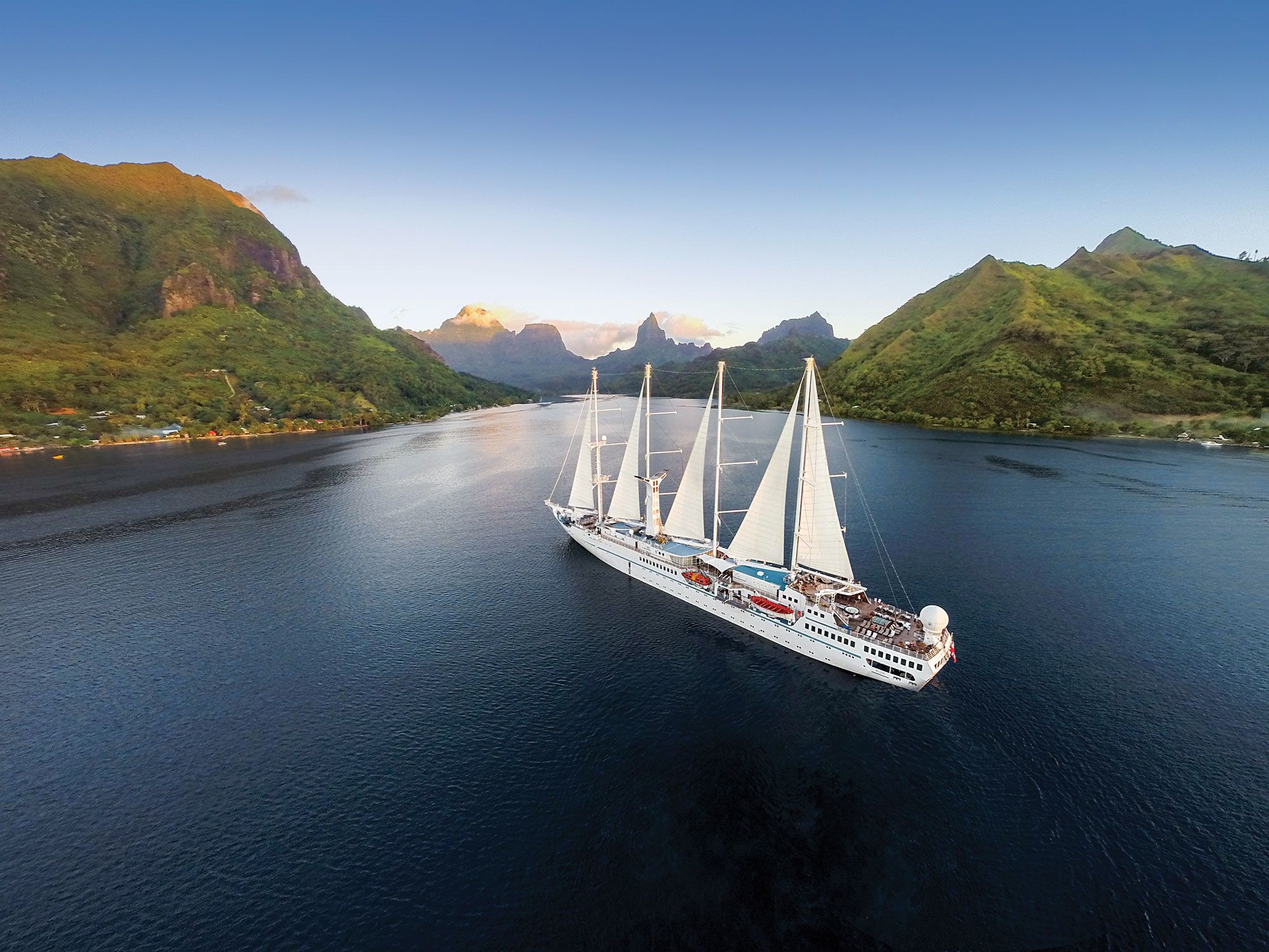 The Wind Surf off Moorea. Windstar wants to sail the 342-passenger ship in the islands of Tahiti by the end of 2023 or in 2024. (Courtesy of Windstar Cruises)