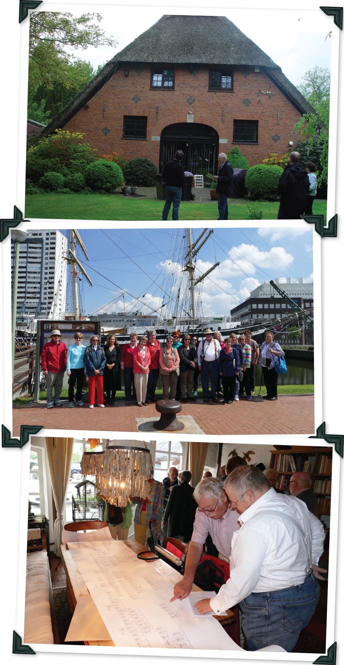 In three photos from Family Tree Tours itineraries, a client stops at an ancestors’ home in Germany; a group visits Bremerhaven, Germany, where many German American families emigrated from; and a client looks over a family tree at a cousin’s home in Germany. (Courtesy of Family Tree Tours)