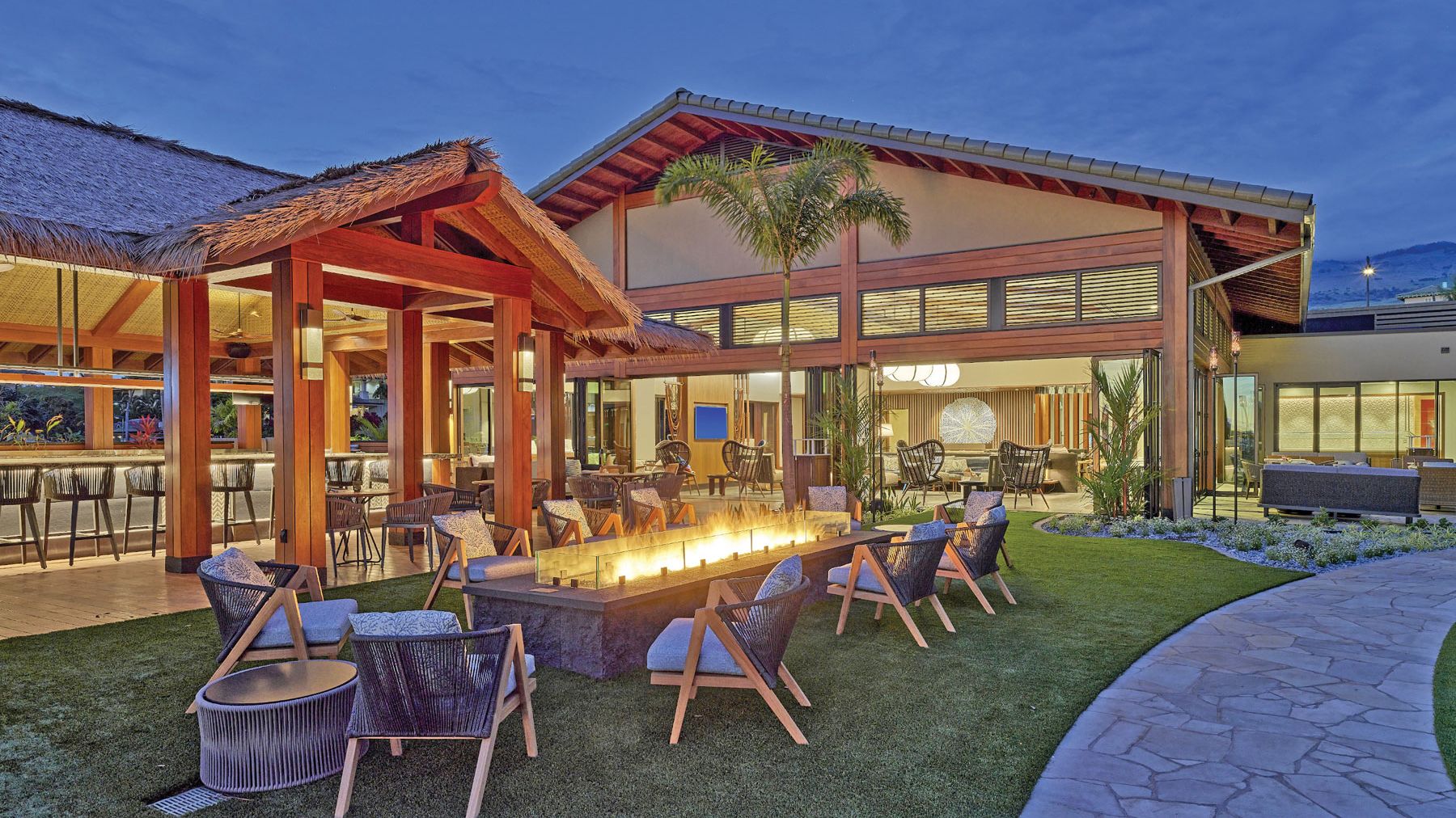 An outdoor gathering spot at the AHL-designed AC Hotel by Marriott Maui Wailea. (Courtesy of AHL)