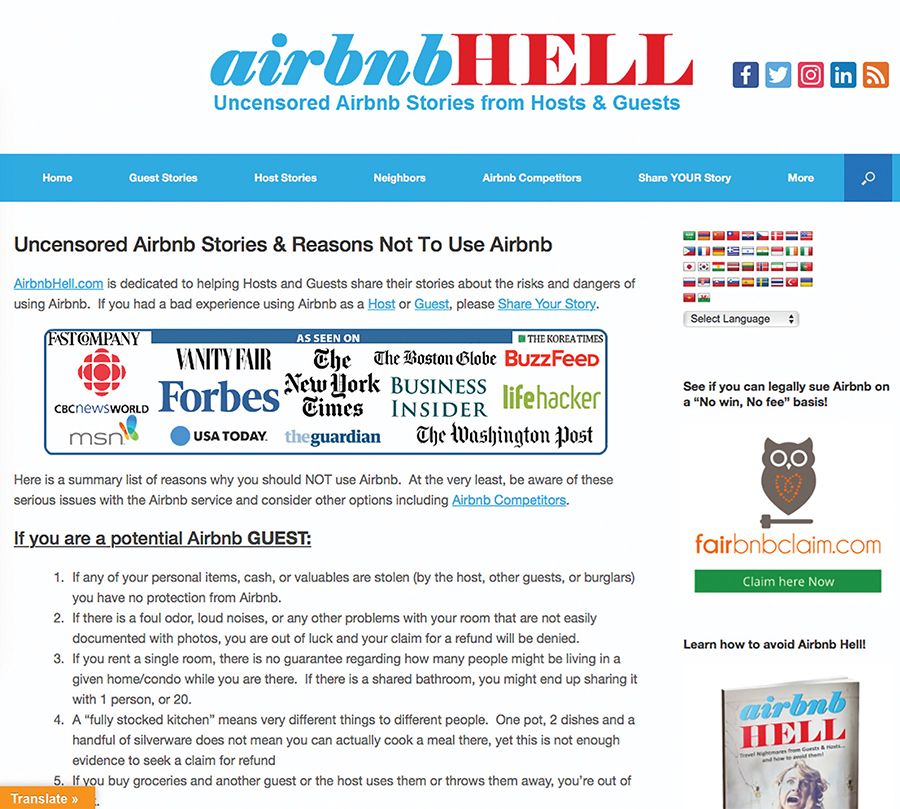 A screenshot of AirbnbHell.com, an online platform for guests, hosts and neighbors to air grievances against the homesharing giant.