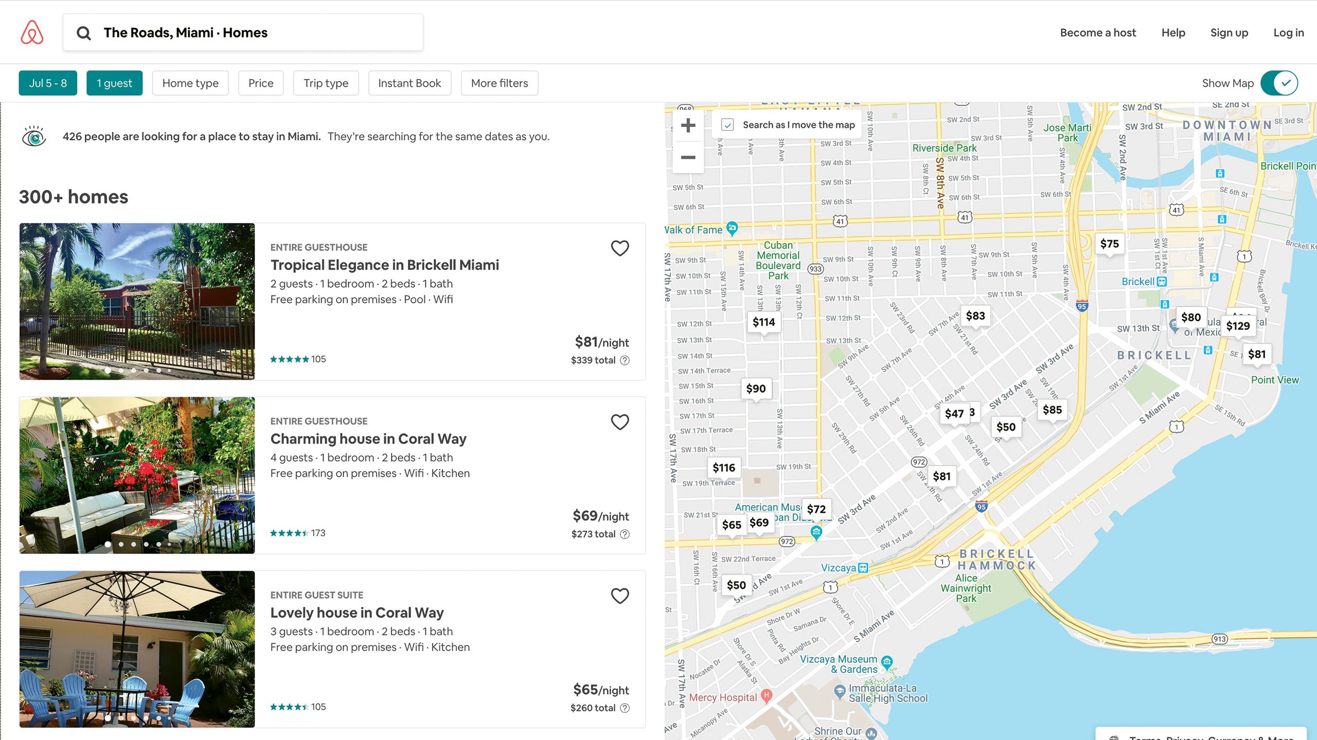 Airbnb listings in the Roads neighborhood just outside downtown Miami, where residents are battling the spread of homesharing. Earlier this year, a judge overturned an injunction that blocked enforcement of a short-term rental ban in single-family neighborhoods in Miami, including the Roads.