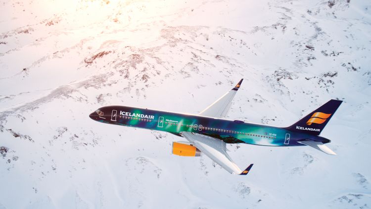 Icelandair jet with northern lights livery. The airline’s stopover program has existed since the 1960s.