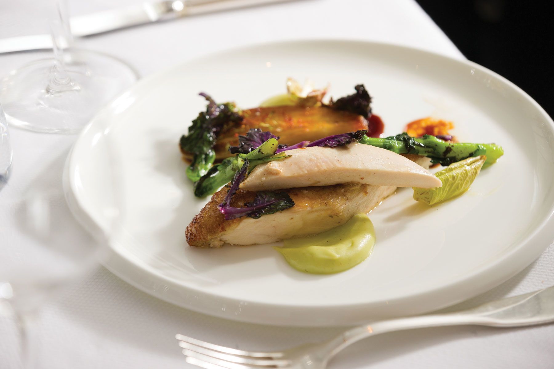 On the menu: roasted chicken with morel mushrooms and spring garlic.