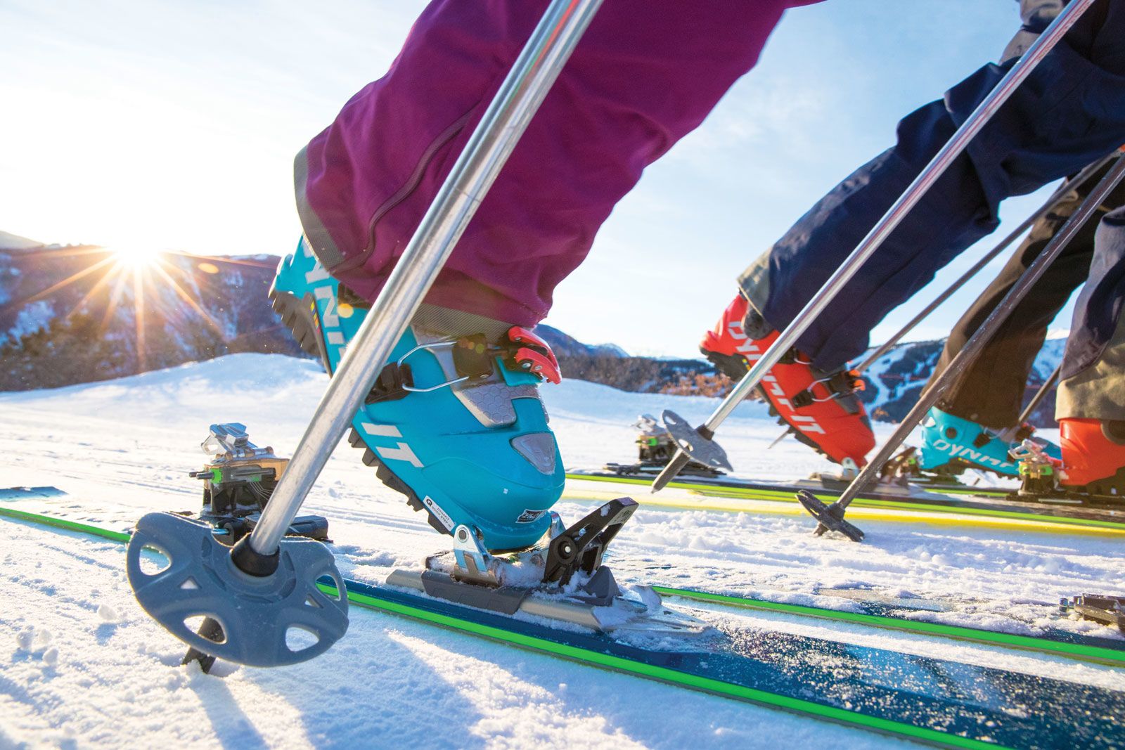 The boots and bindings for uphill skiing connect at the toe, creating greater range of motion for the ascents, and then at the heel for downhill runs. (Photo by Catherine Aeppel for Aspen Skiing Co.)