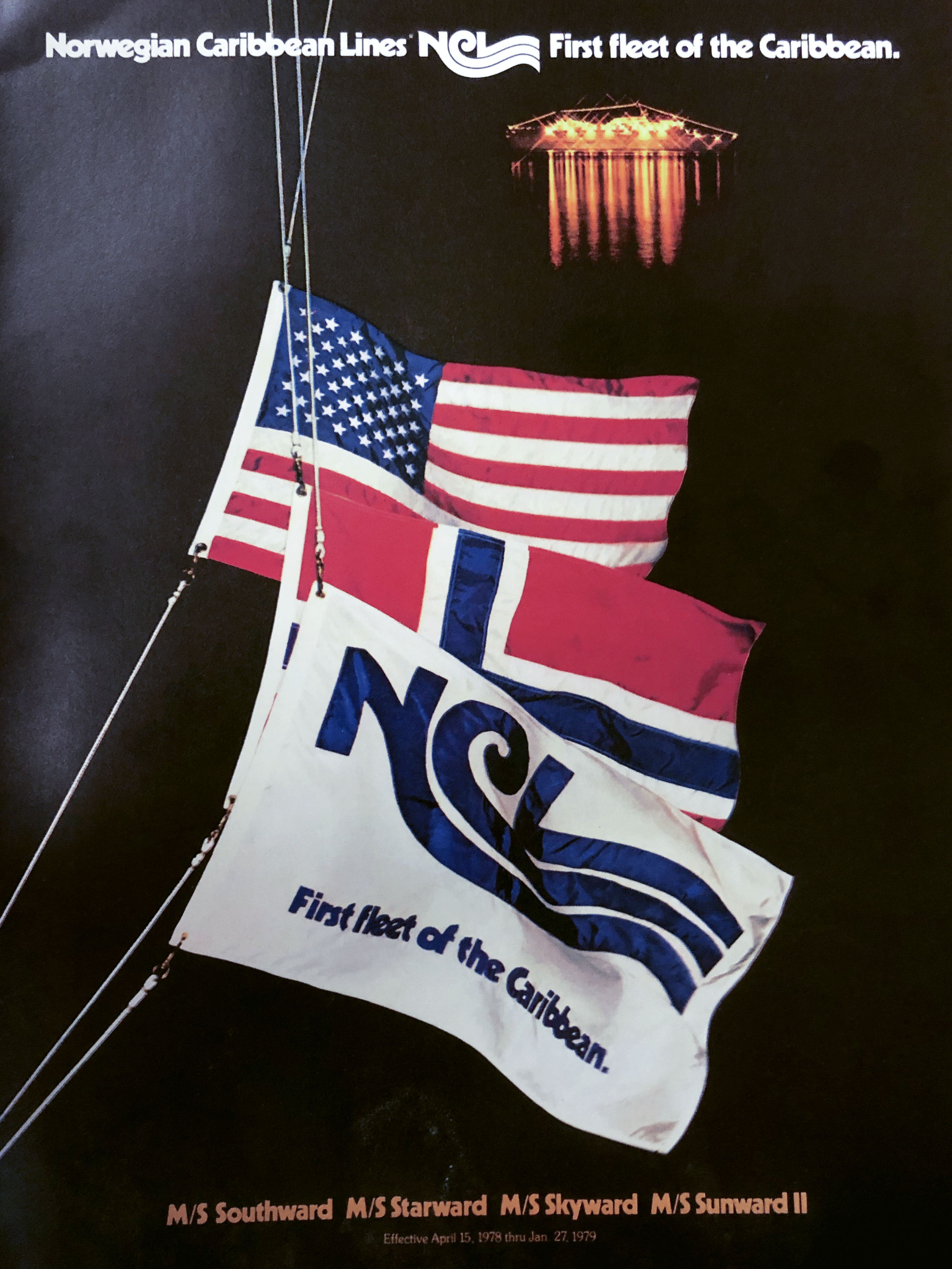 An advertisement for Norwegian Caribbean Lines in the 1970s with the theme “First Fleet of the Caribbean,” one of a series of slogans Norwegian Cruise Line used early on.