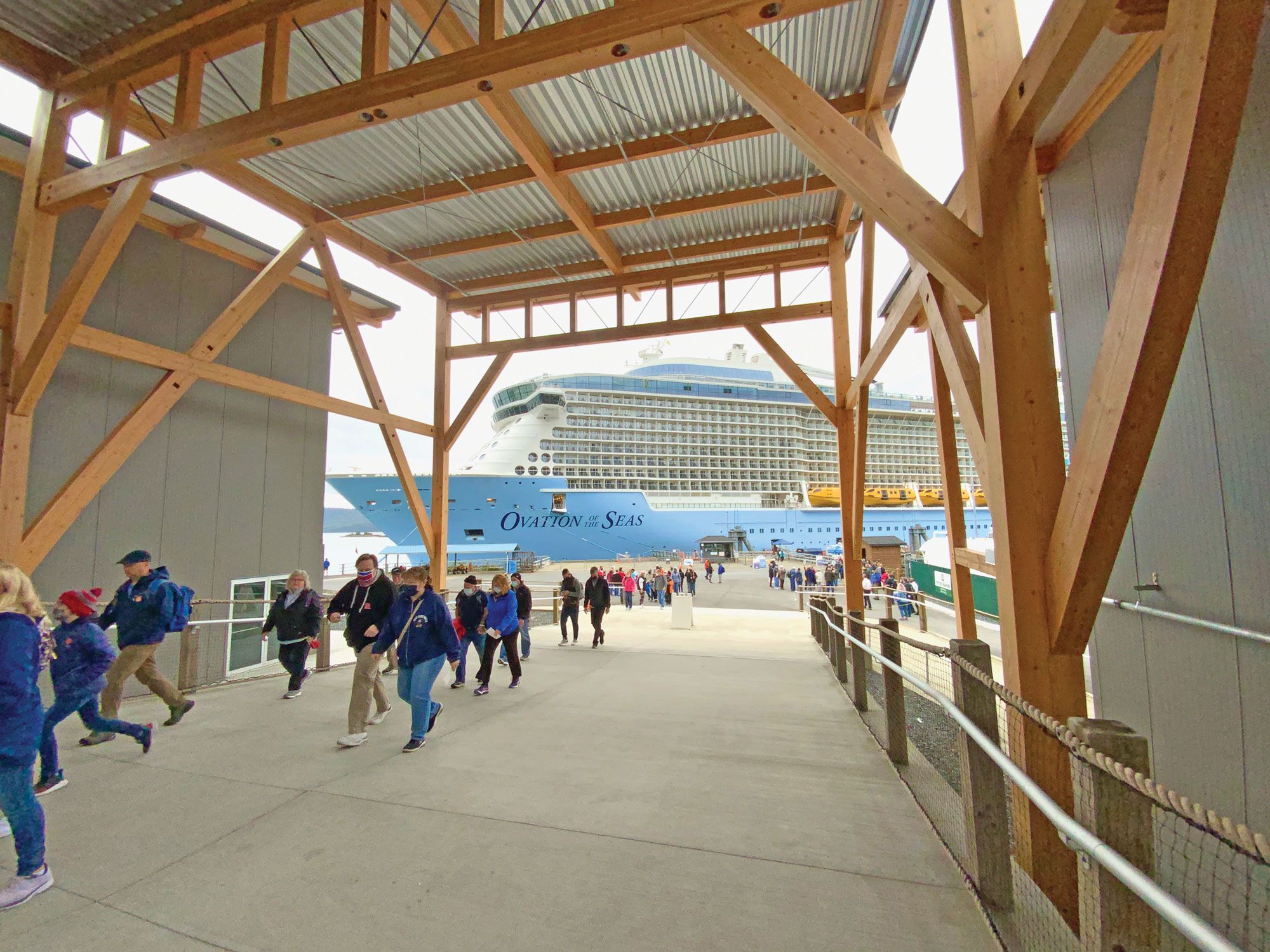The Ovation of the Seas docked at the cruise terminal in Sitka, where the pier was expanded with recycled materials from an old bridge. (Courtesy of Royal Caribbean Group)