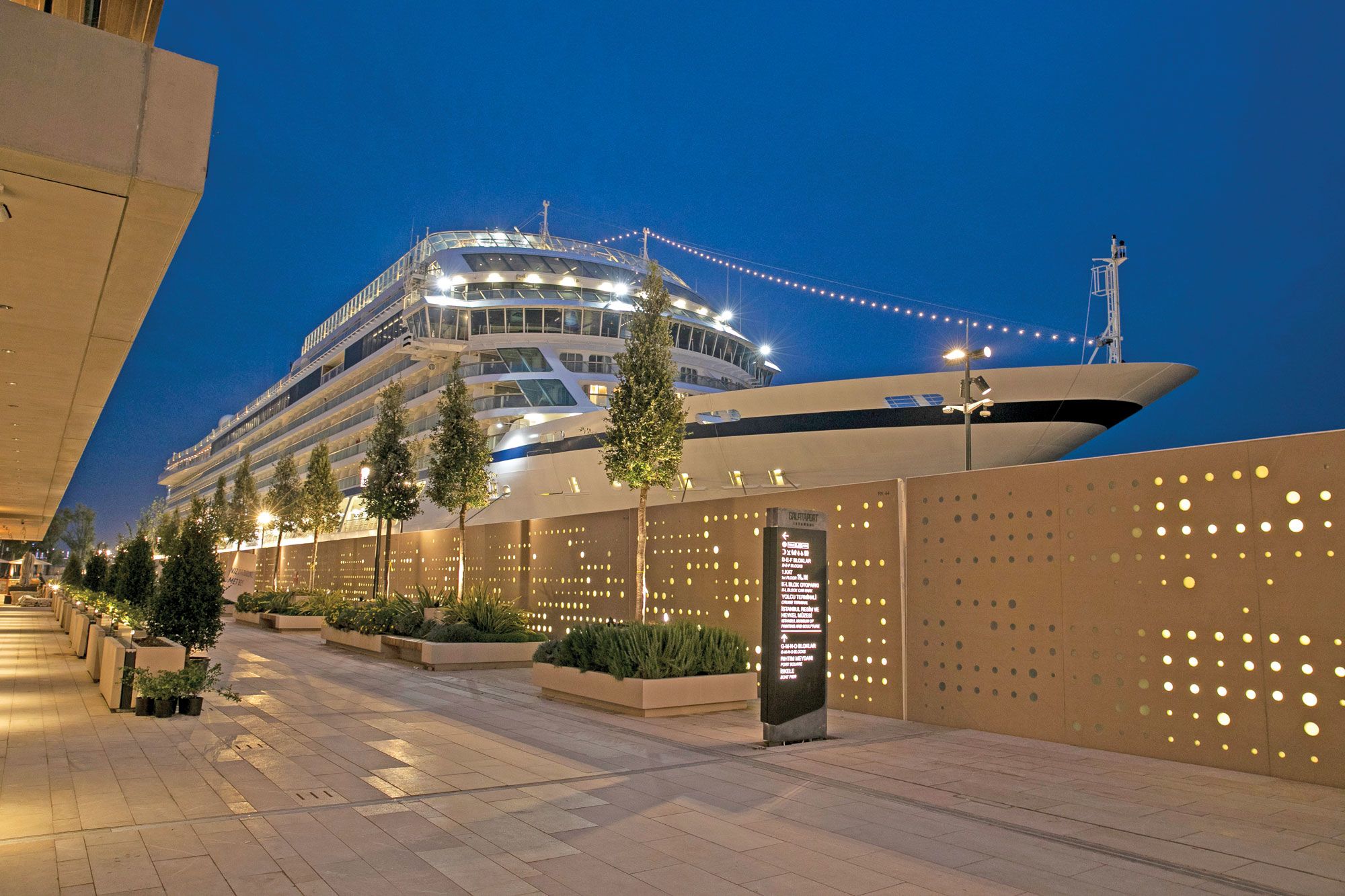 The Viking Sky in Galataport Istanbul. The port’s hatch system creates a barrier wall that goes up to create a temporary customs area for passengers. (Courtesy of Galaport Istanbul)