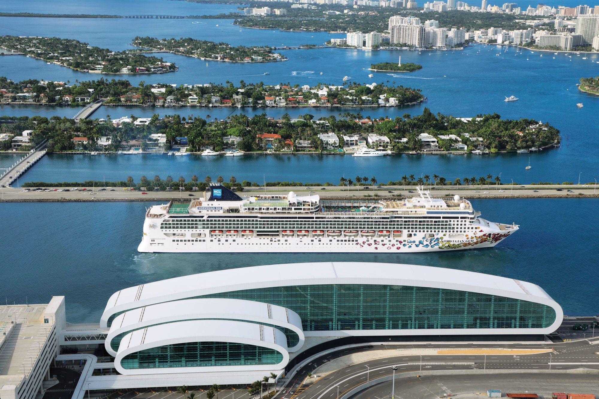 The Norwegian Gem at Norwegian Cruise Line’s “Pearl of Miami” terminal in PortMiami. (Courtesy of Norwegian Cruise Line)