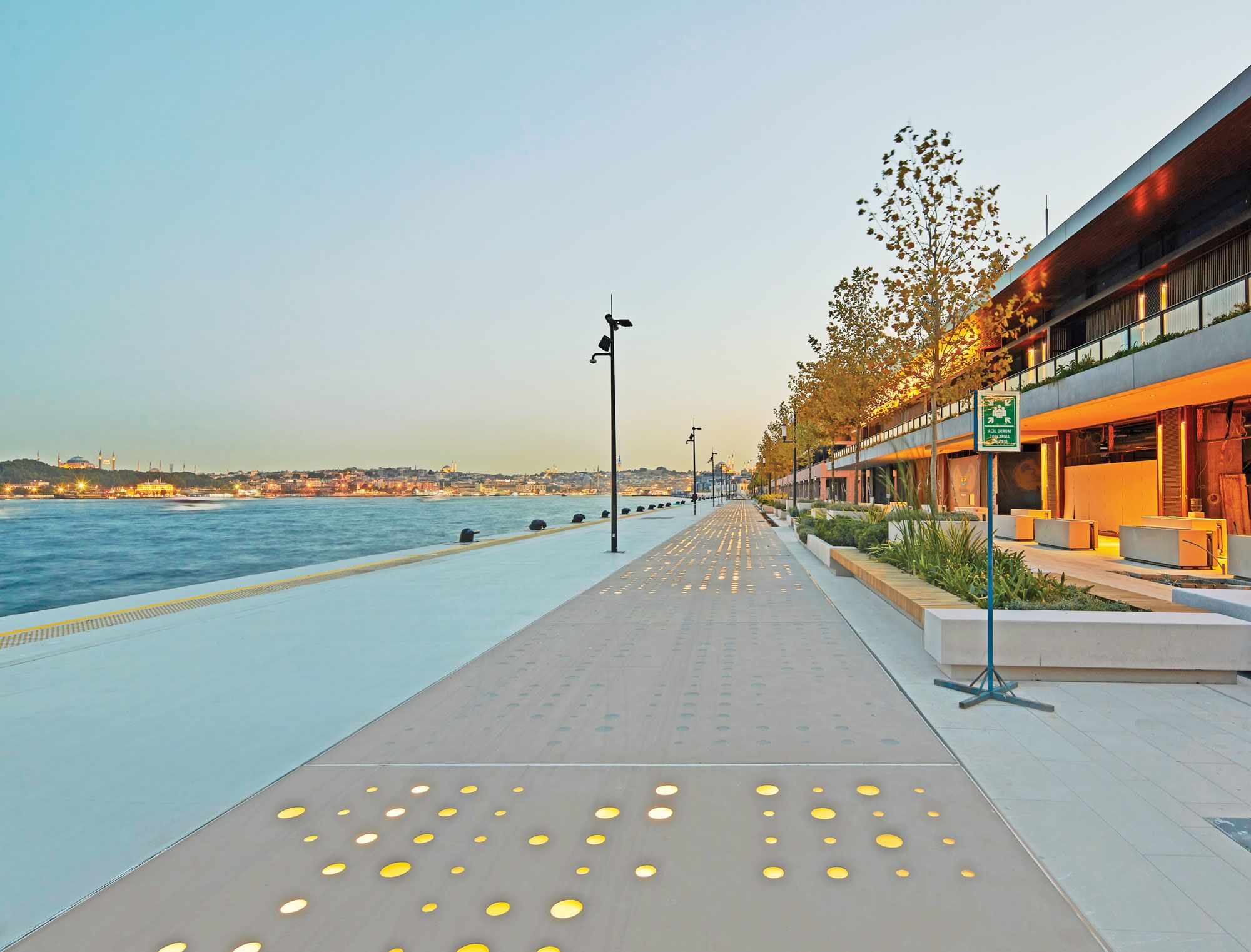 The Viking Sky in Galataport Istanbul. The port’s hatch system creates a barrier wall that goes down to open up a promenade when no ships are in port. (Courtesy of Galaport Istanbul)