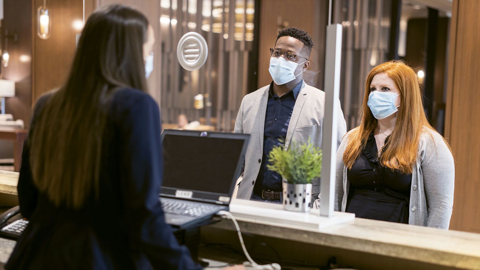 Glass partitions at check-in are one element of Hyatt’s Global Care and Cleanliness health safety program.