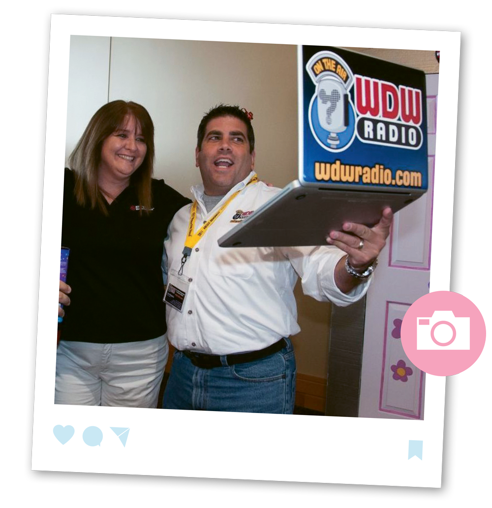 Beci Mahnken and Lou Mongello broadcasting during a Disney event.