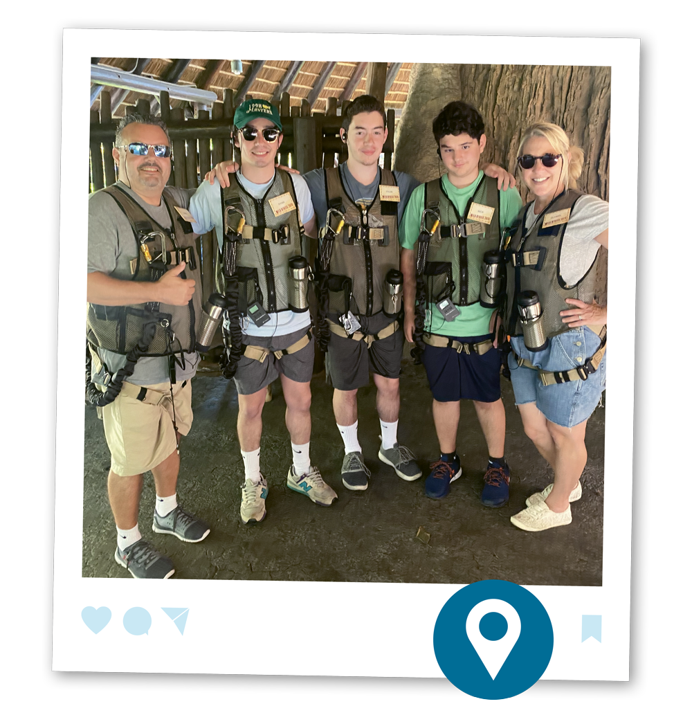 The Antonelles with their three sons — Ryan, Tyler, and Nick — on the Wild Africa Trek at Disney’s Animal Kingdom.