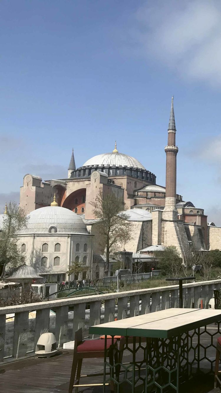 The view of the Haghia Sophia from the rooftop bar at the Four Seasons Hotel Istanbul at Sultanahmet. 