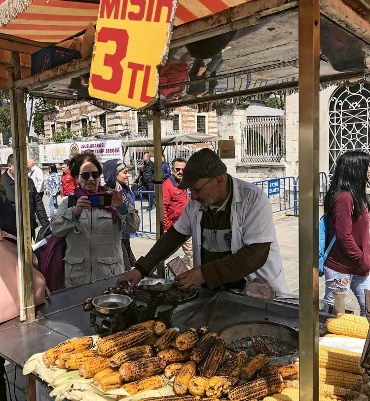 A corn and chestnut vendor outside the Haghia Sophia in Istanbul.
