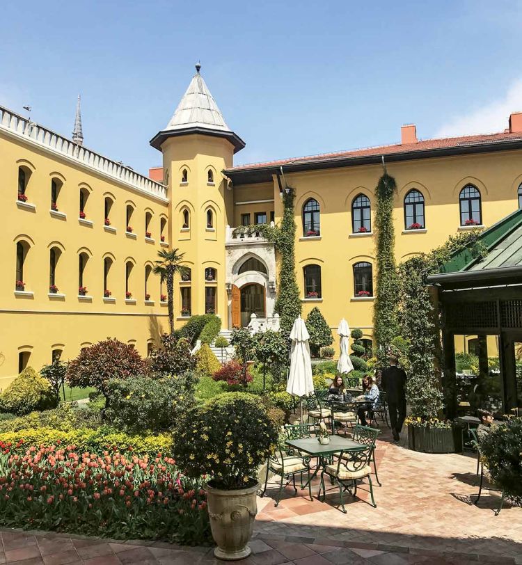 The courtyard at the Four Seasons, a renovated former prison, which is adorned with beautiful tile and artwork. 