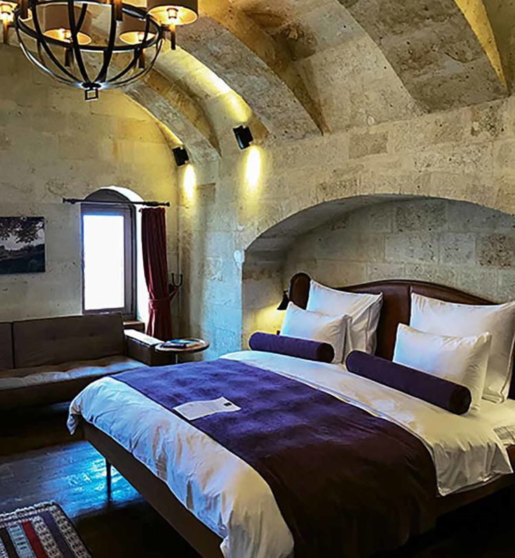 A suite at the Ariana Sustainable Luxury Lodge, which has 11 suites developed around an ancient cave home in Cappadocia. 
