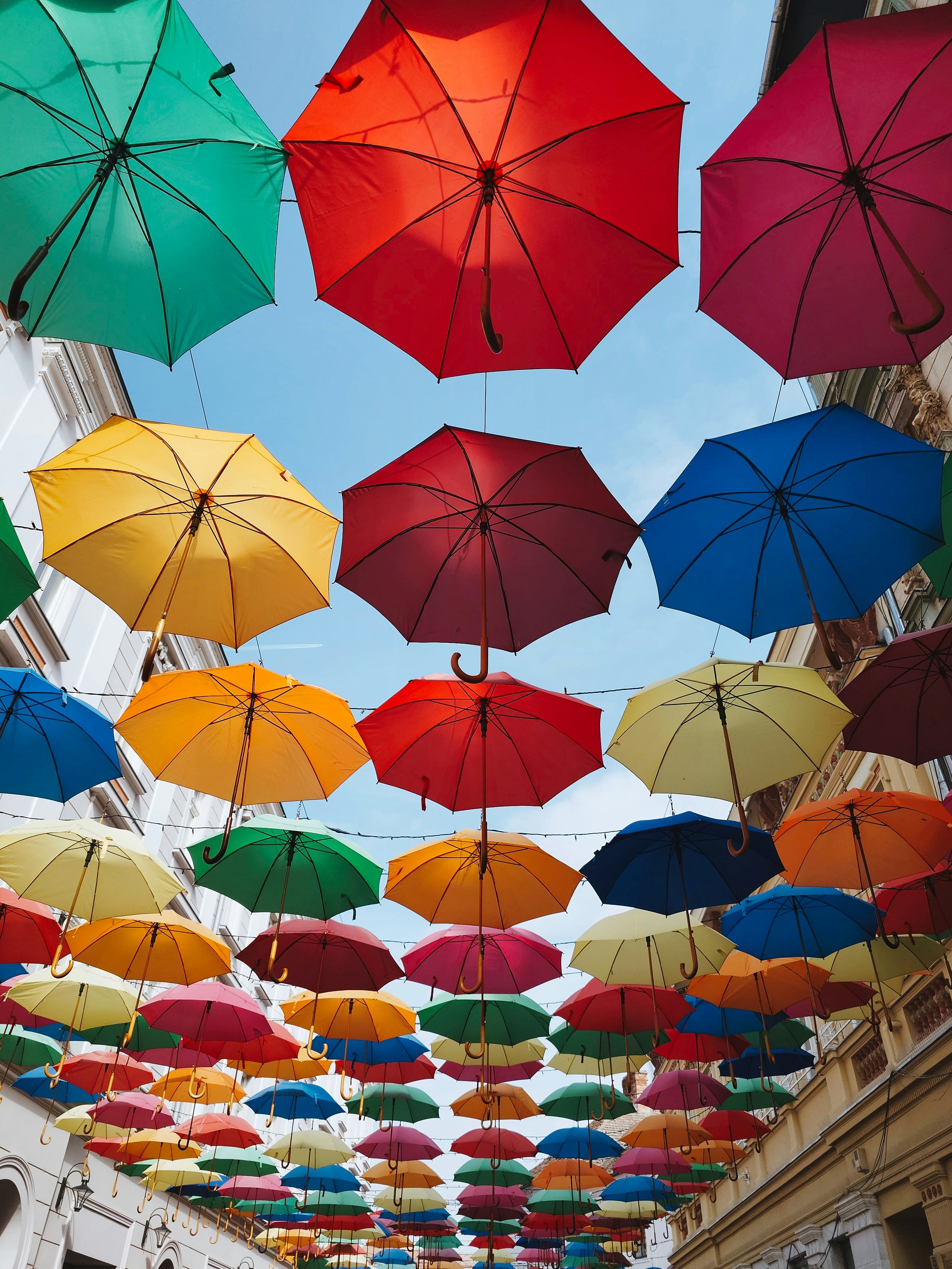 Colorful umbrellas suspended over a street.
